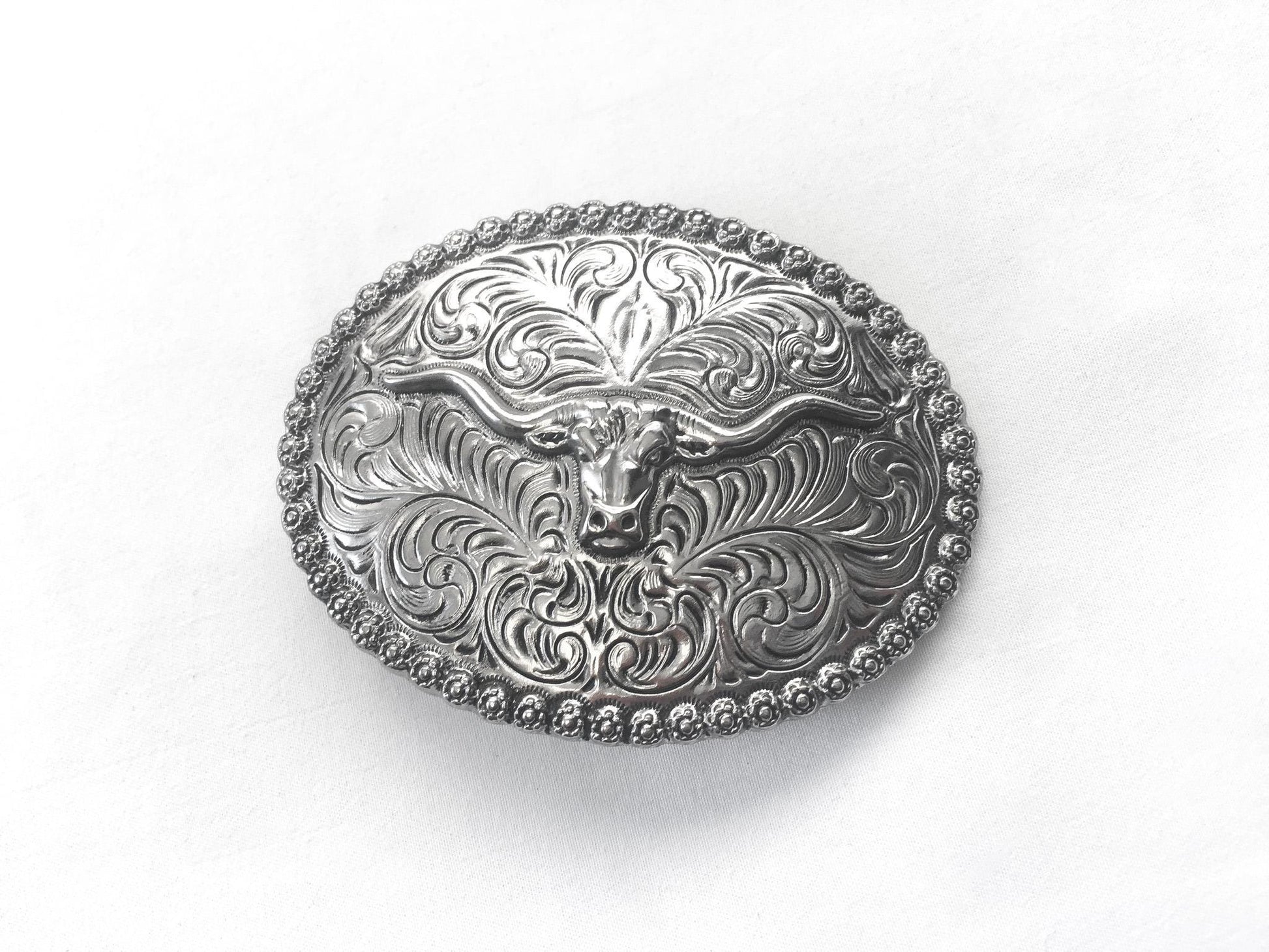 Metal Silver Toned Longhorn Engraved Oval Belt Buckle, 3.25" x 2.5", Vintage Western Accessories