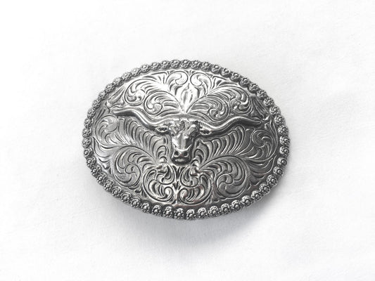 Metal Silver Toned Longhorn Engraved Oval Belt Buckle, 3.25" x 2.5", Vintage Western Accessories