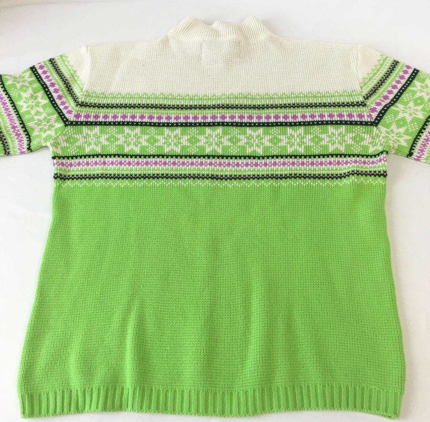 Vintage 90s Arctic Wear Lime Green Striped Fair Isle Snowflake Mock Neck Sweater, Men's Sz. M