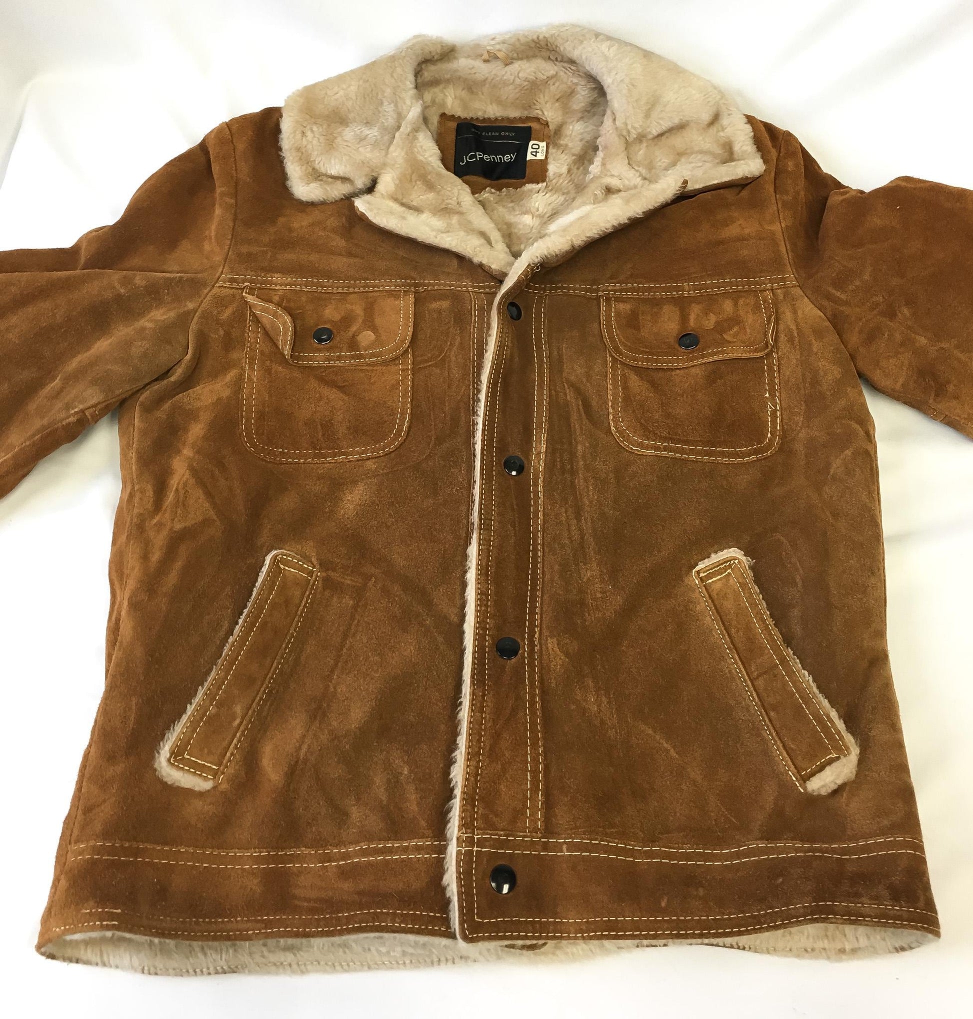 Vintage 70s JCPenney Brown Suede Sherpa Fur Jacket, Men's Sz. M/L