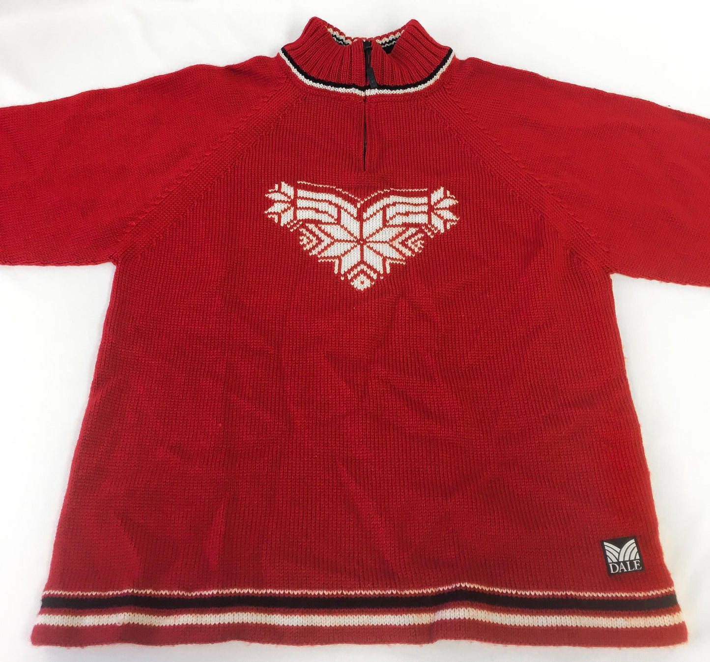 Dale of Norway Red Fair Isle Snowflake Heart Wool Nordic Mock Neck Quarter Zip Sweater, Women's Sz. XS/S