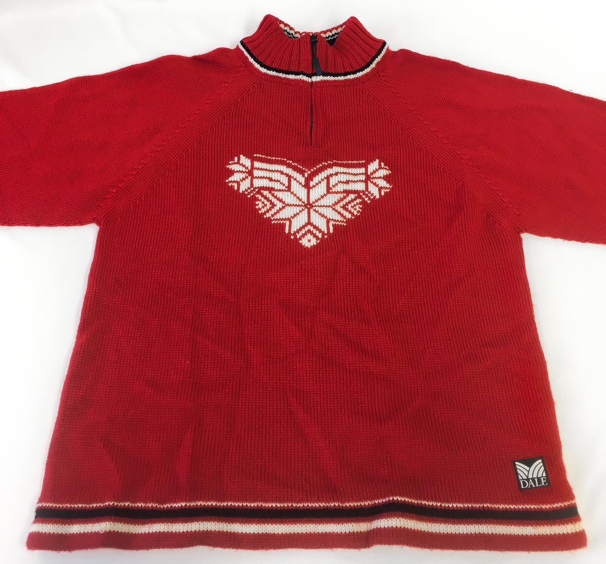 Dale of Norway Red Fair Isle Snowflake Heart Wool Nordic Mock Neck Quarter Zip Sweater, Women's Sz. XS/S