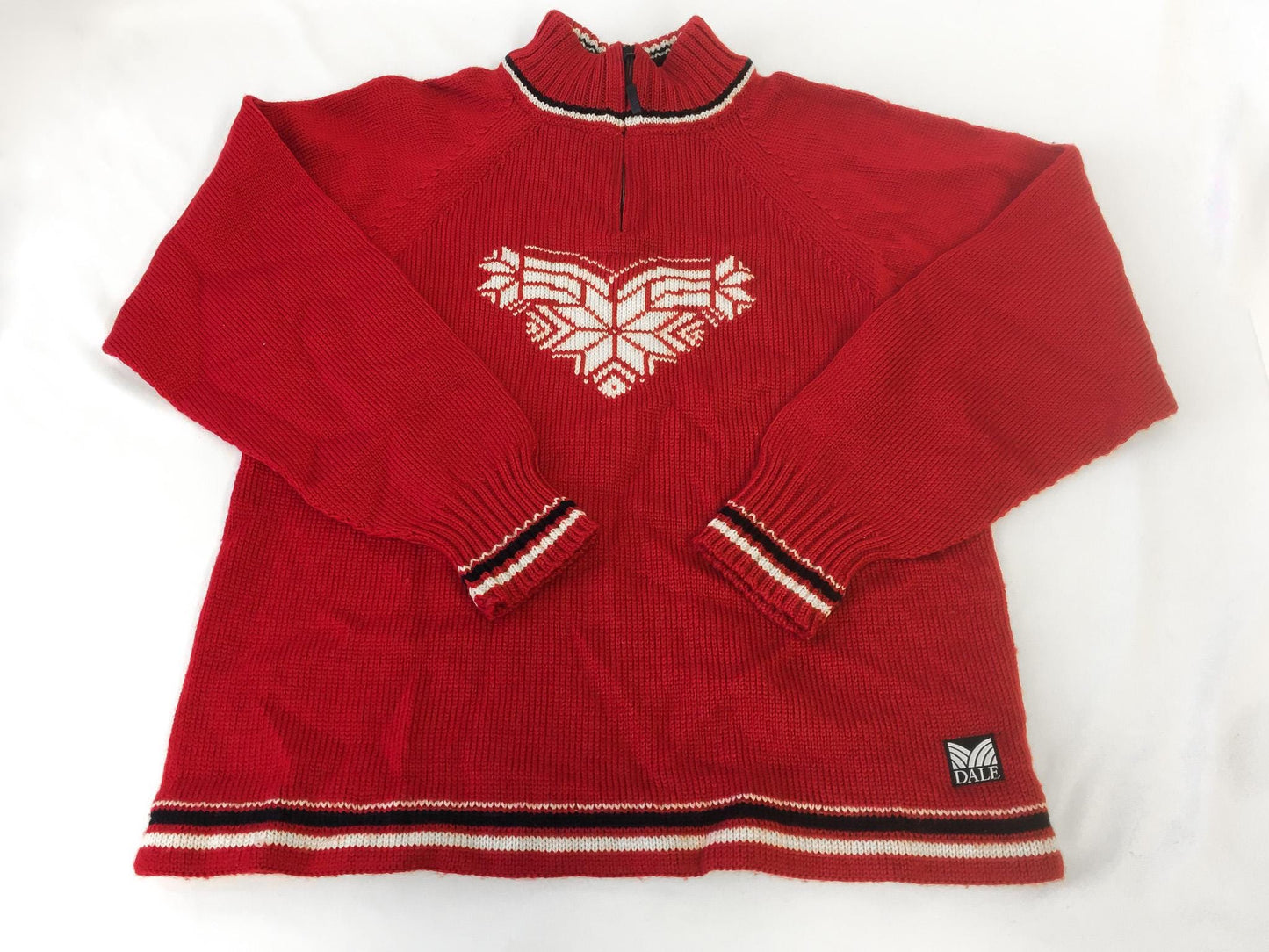 Dale of Norway Red Fair Isle Snowflake Heart Wool Nordic Mock Neck Quarter Zip Sweater, Women's Sz. XS/S