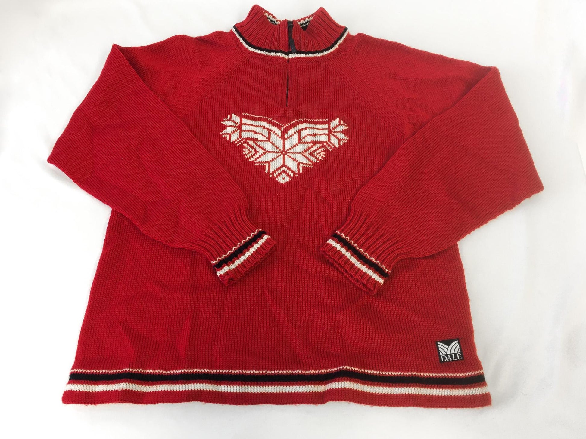 Dale of Norway Red Fair Isle Snowflake Heart Wool Nordic Mock Neck Quarter Zip Sweater, Women's Sz. XS/S