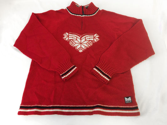 Dale of Norway Red Fair Isle Snowflake Heart Wool Nordic Mock Neck Quarter Zip Sweater, Women's Sz. XS/S