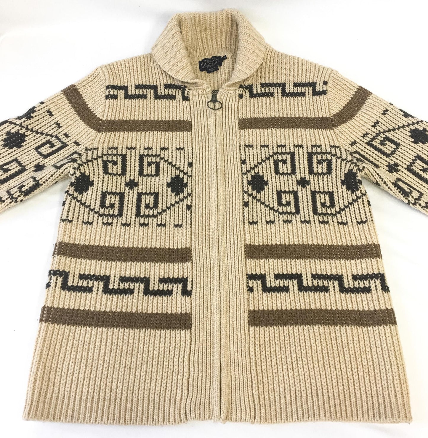 Vintage Pendleton "The Big Lebowski" Beige Abstract Aztec Print Wool Zip Cardigan Sweater, Men's Sz. M, Vintage Western Sweater