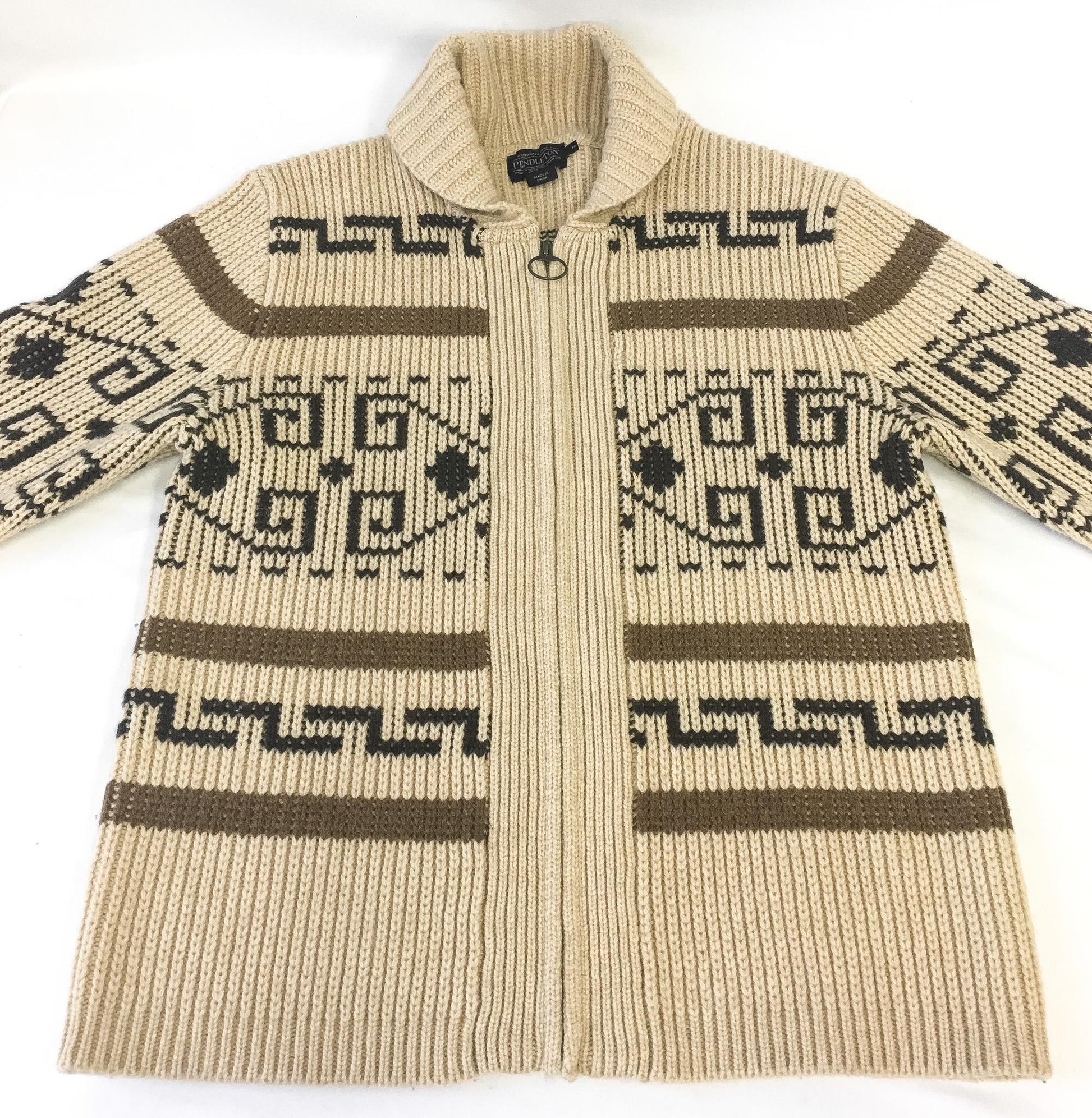 Vintage Pendleton "The Big Lebowski" Beige Abstract Aztec Print Wool Zip Cardigan Sweater, Men's Sz. M, Vintage Western Sweater