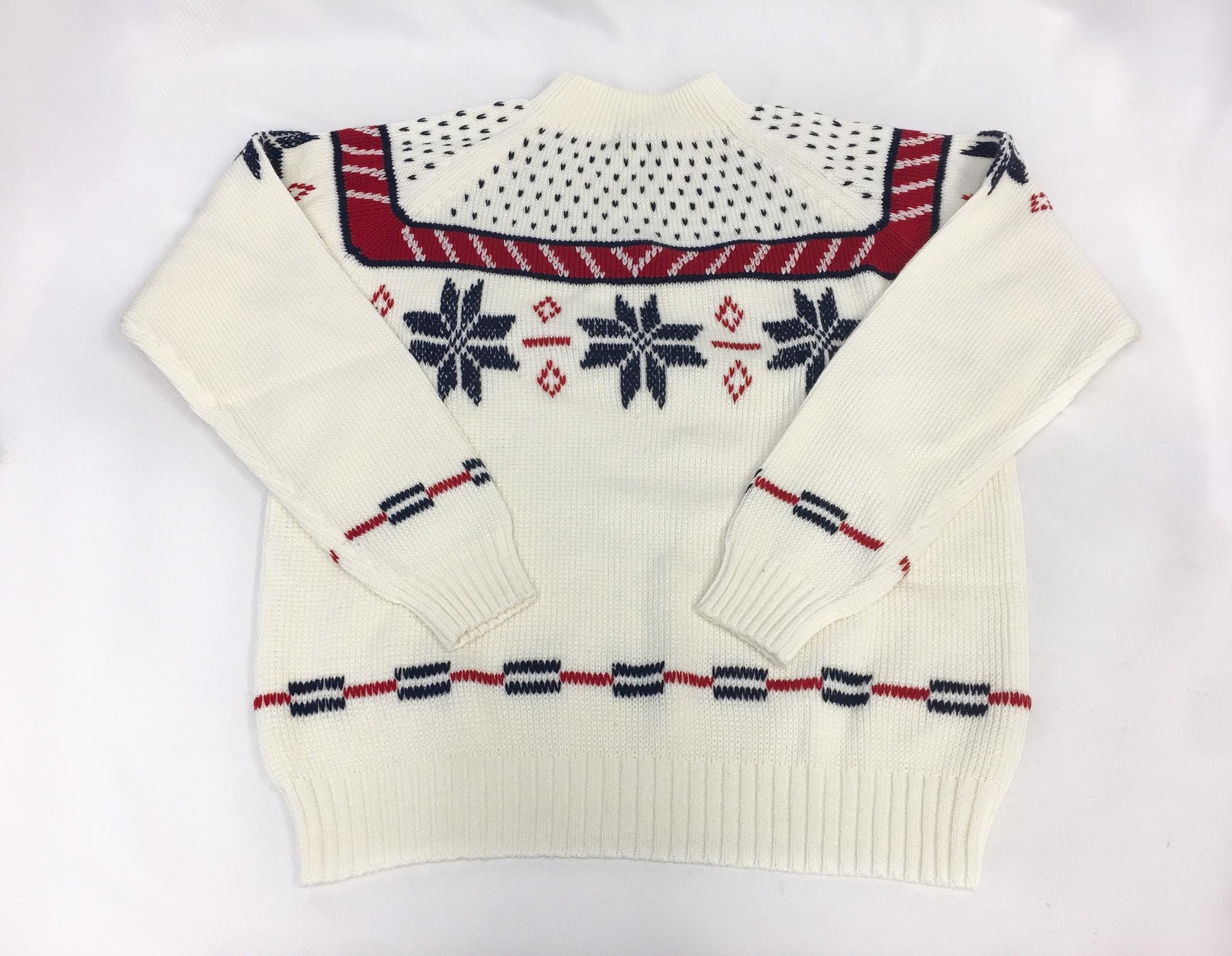 Vintage 90s JCPenney Cream/Red/Navy Snowflake Fair Isle Nordic Sweater, Men's Sz. L