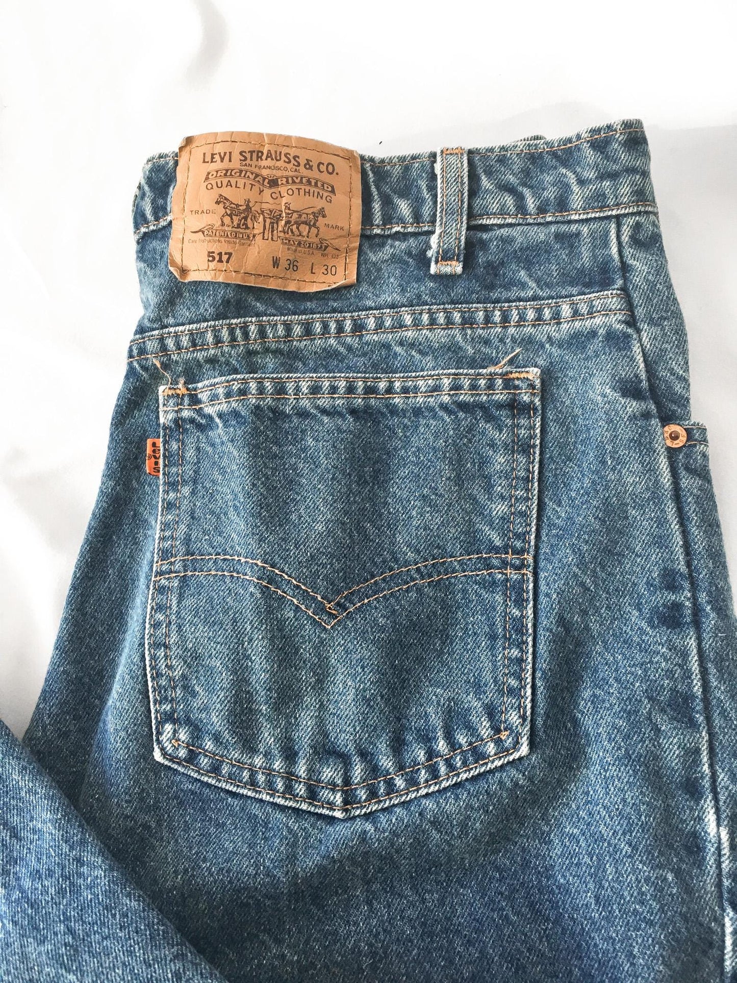 70s Levis Orange Tab 517 Medium Wash High Rise Bootcut Jeans, Unisex Sz. 33" x 29"