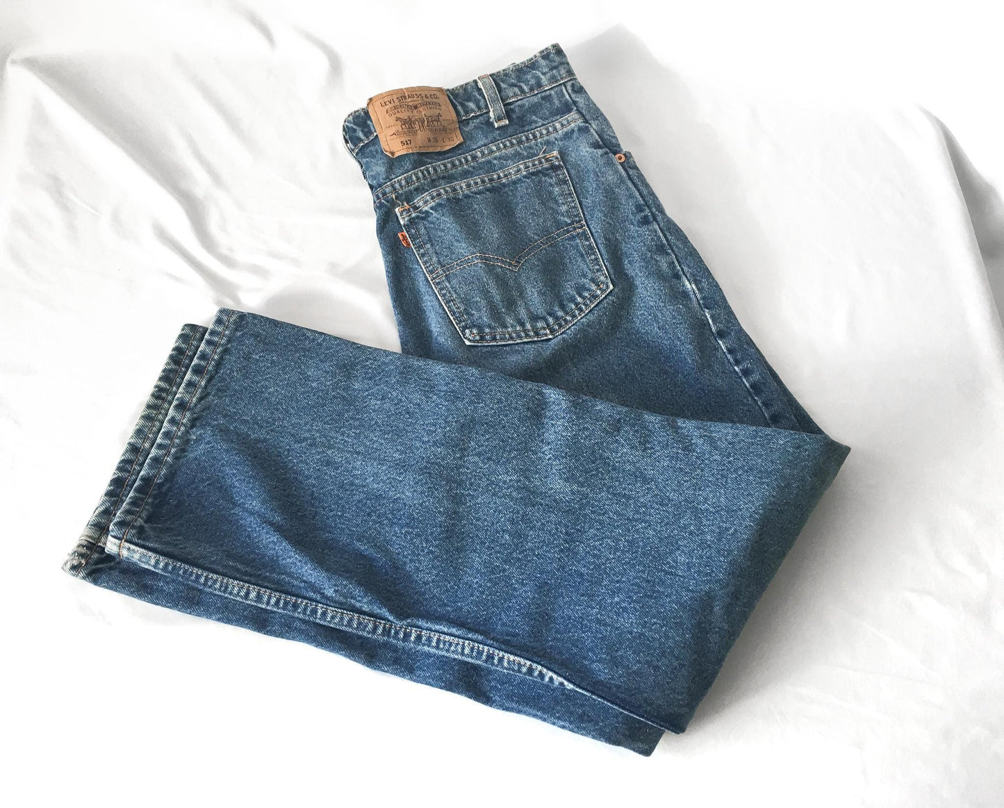 70s Levis Orange Tab 517 Medium Wash High Rise Bootcut Jeans, Unisex Sz. 33" x 29"