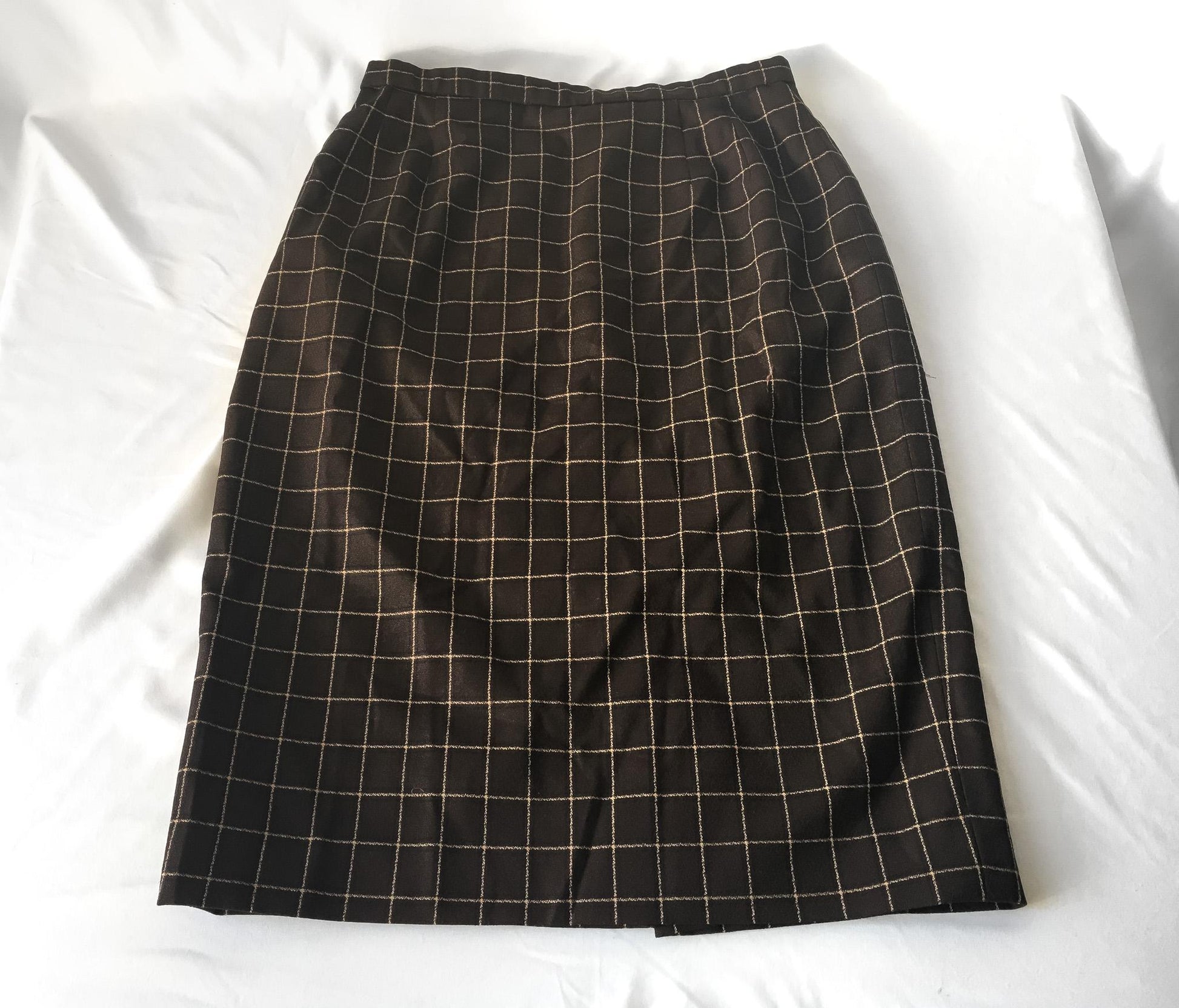 Vintage 90s Pendleton Brown Beige Grid Patterned Wool Pencil Skirt, 30" Waist, Vintage Preppy Academia Style Skirt