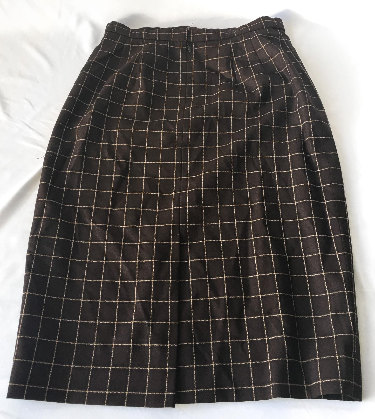 Vintage 90s Pendleton Brown Beige Grid Patterned Wool Pencil Skirt, 30" Waist, Vintage Preppy Academia Style Skirt