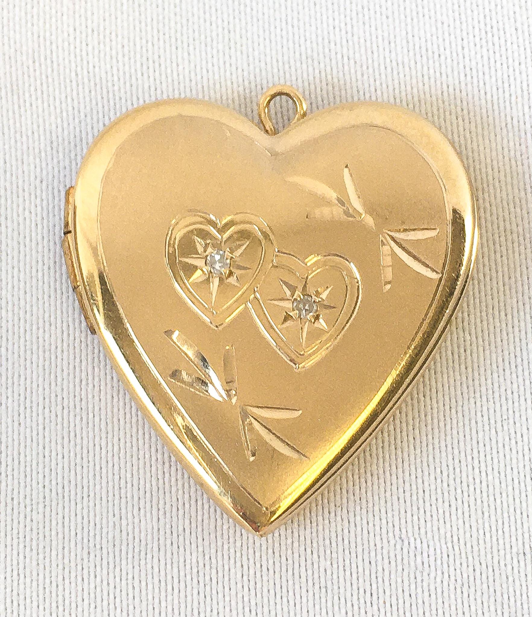 Vintage 14K Yellow Gold Heart Locket Pendant with Etched Detail