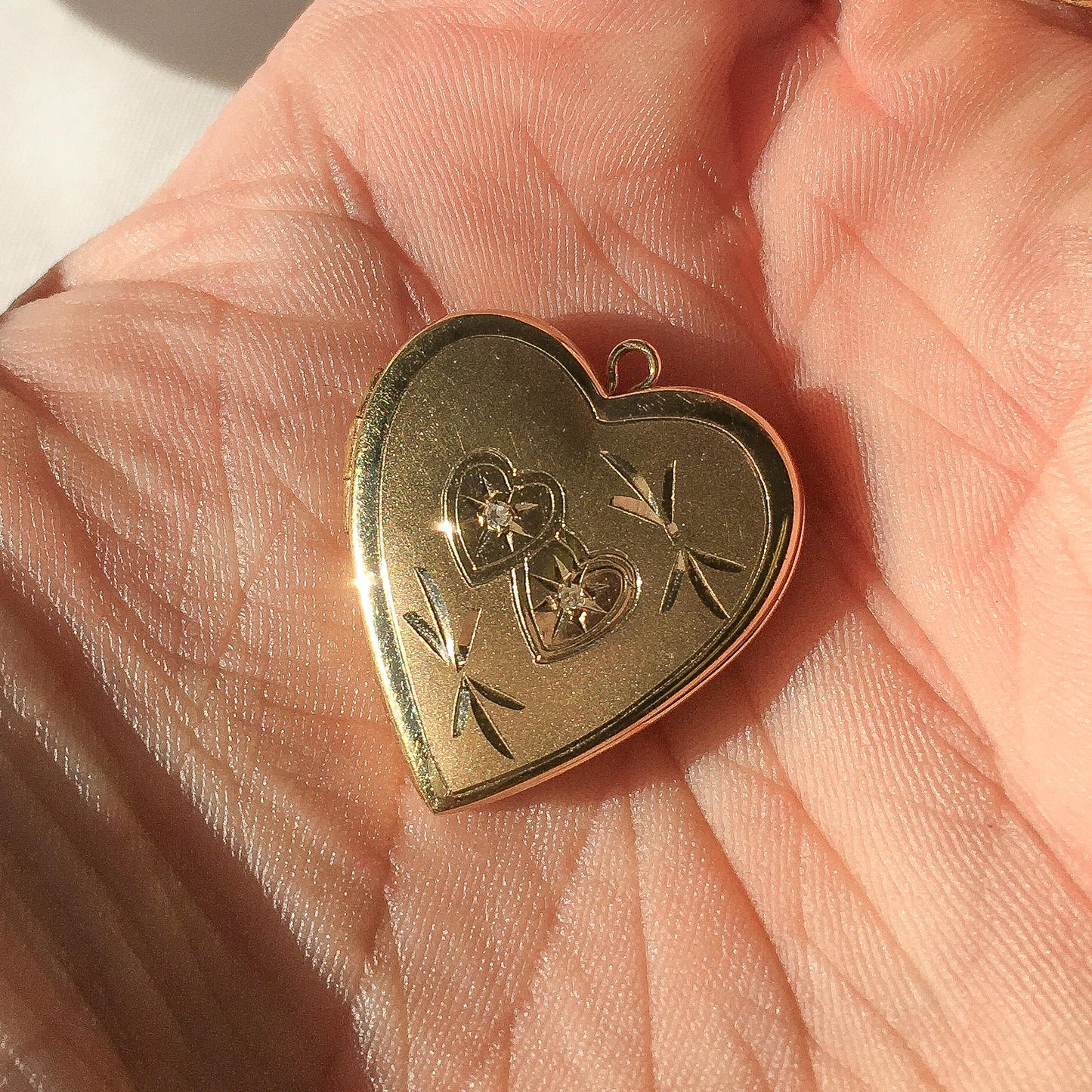 Vintage 14K Yellow Gold Heart Locket Pendant with Etched Detail