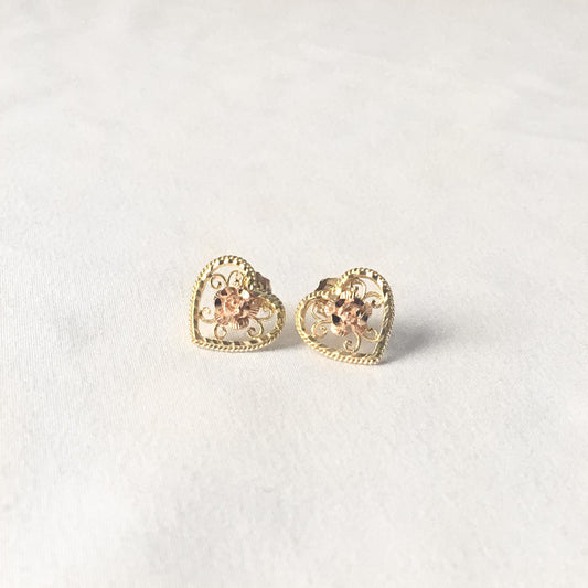 Vintage 14K Black Hills Gold Filigree Rose Heart Stud Earrings, Dainty Elegant Everyday Earrings