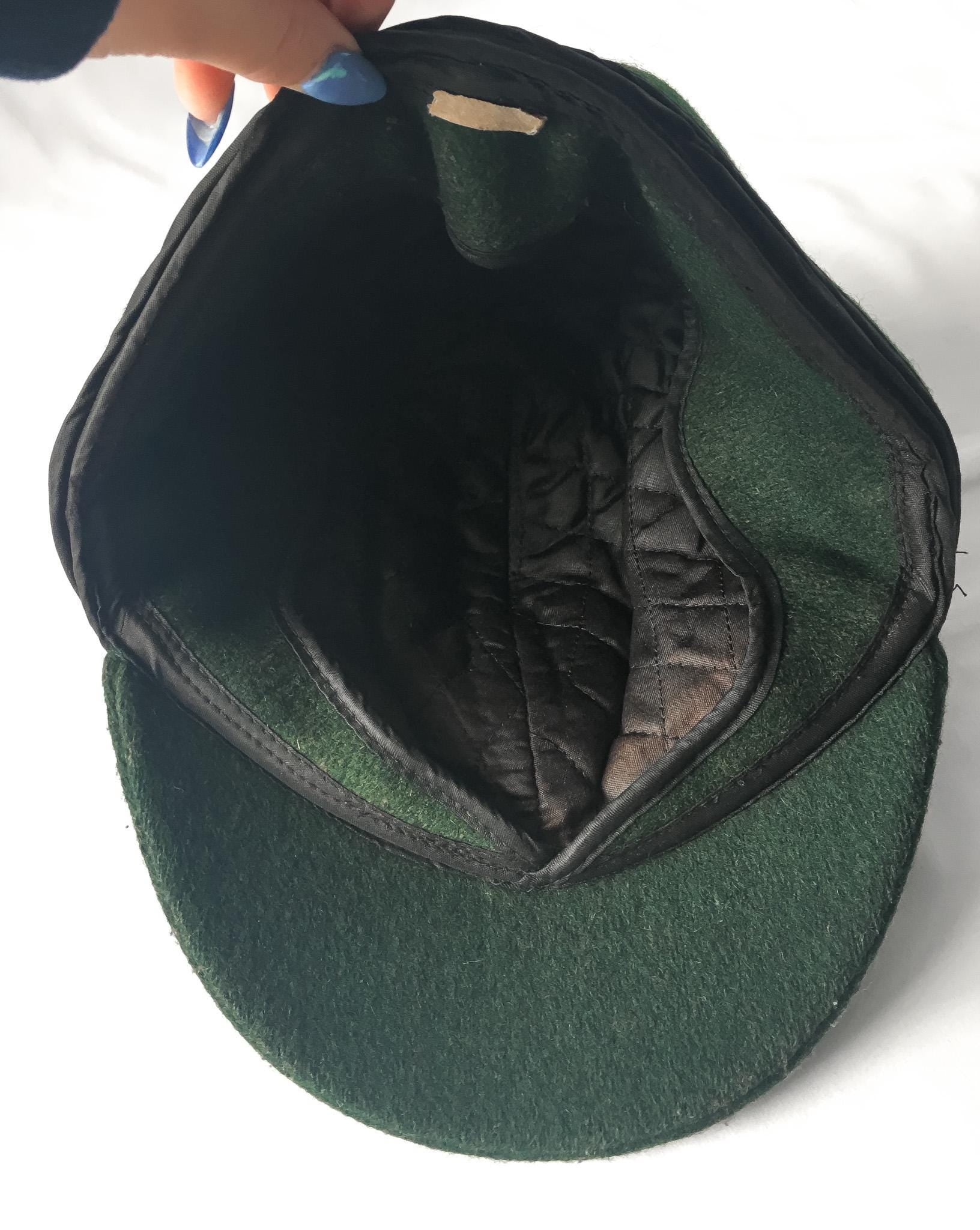 Vintage Green Wool Trapper Style Quilted Hunting Cap, Sz 7 1/4