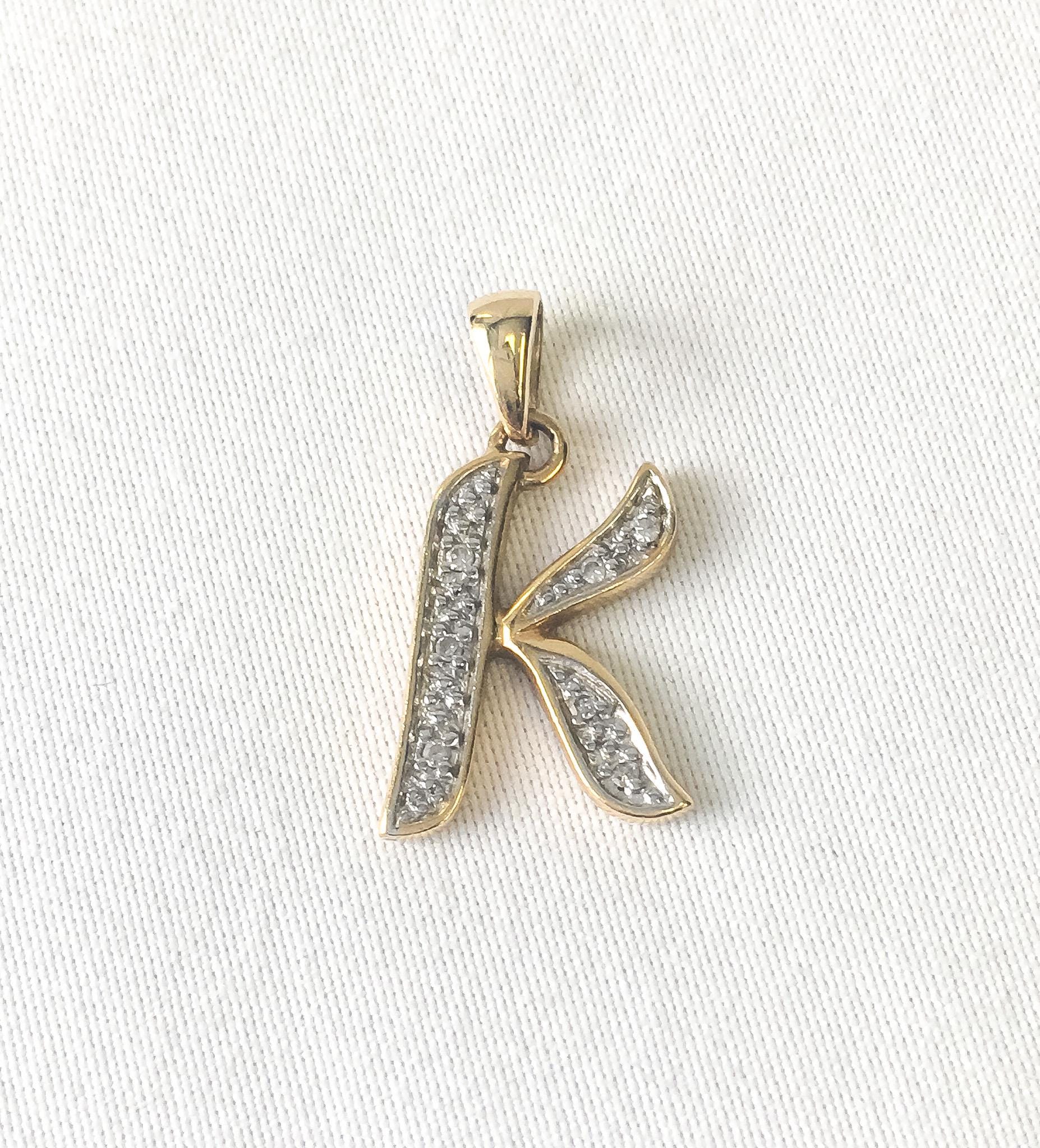 14K Yellow Gold White Sapphire 'K' Initial Monogram Pendant, .75", Simple Dainty Elegant Initial Pendant