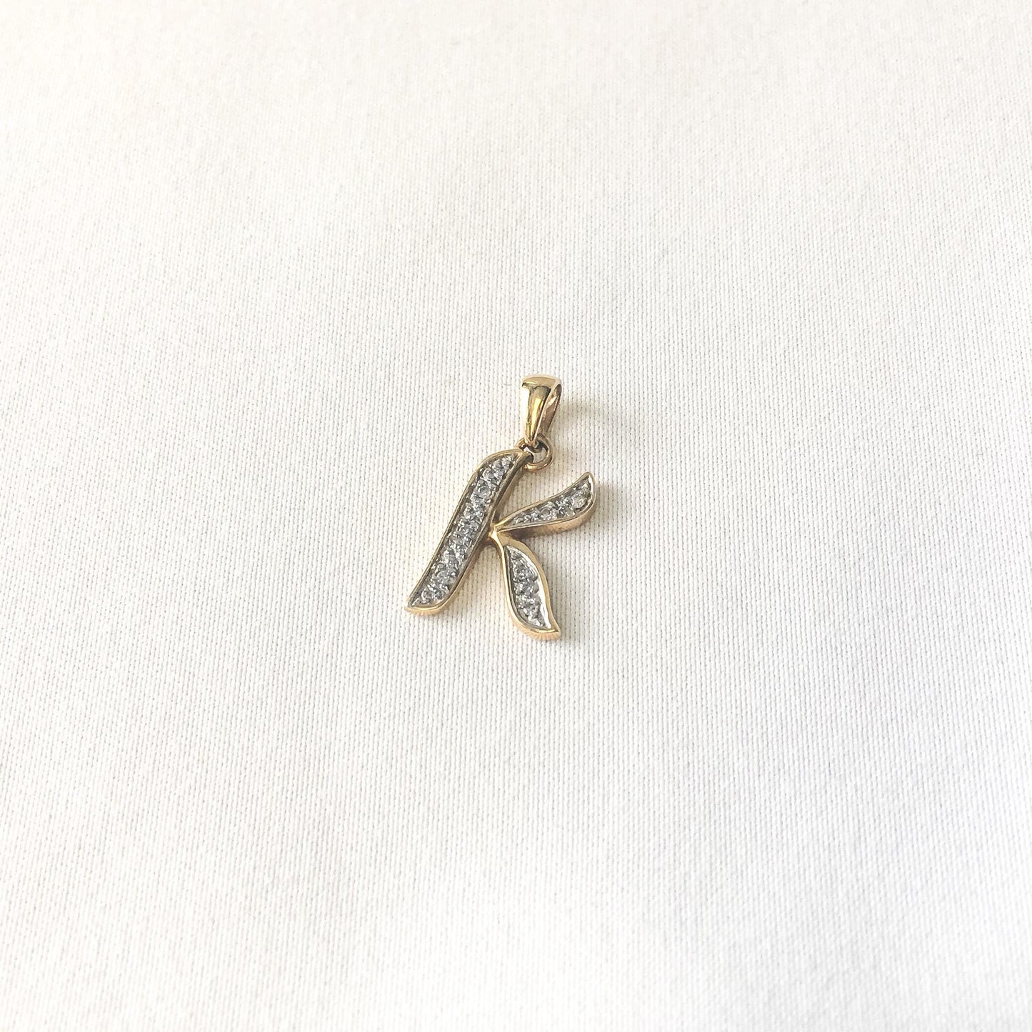 14K Yellow Gold White Sapphire 'K' Initial Monogram Pendant, .75", Simple Dainty Elegant Initial Pendant