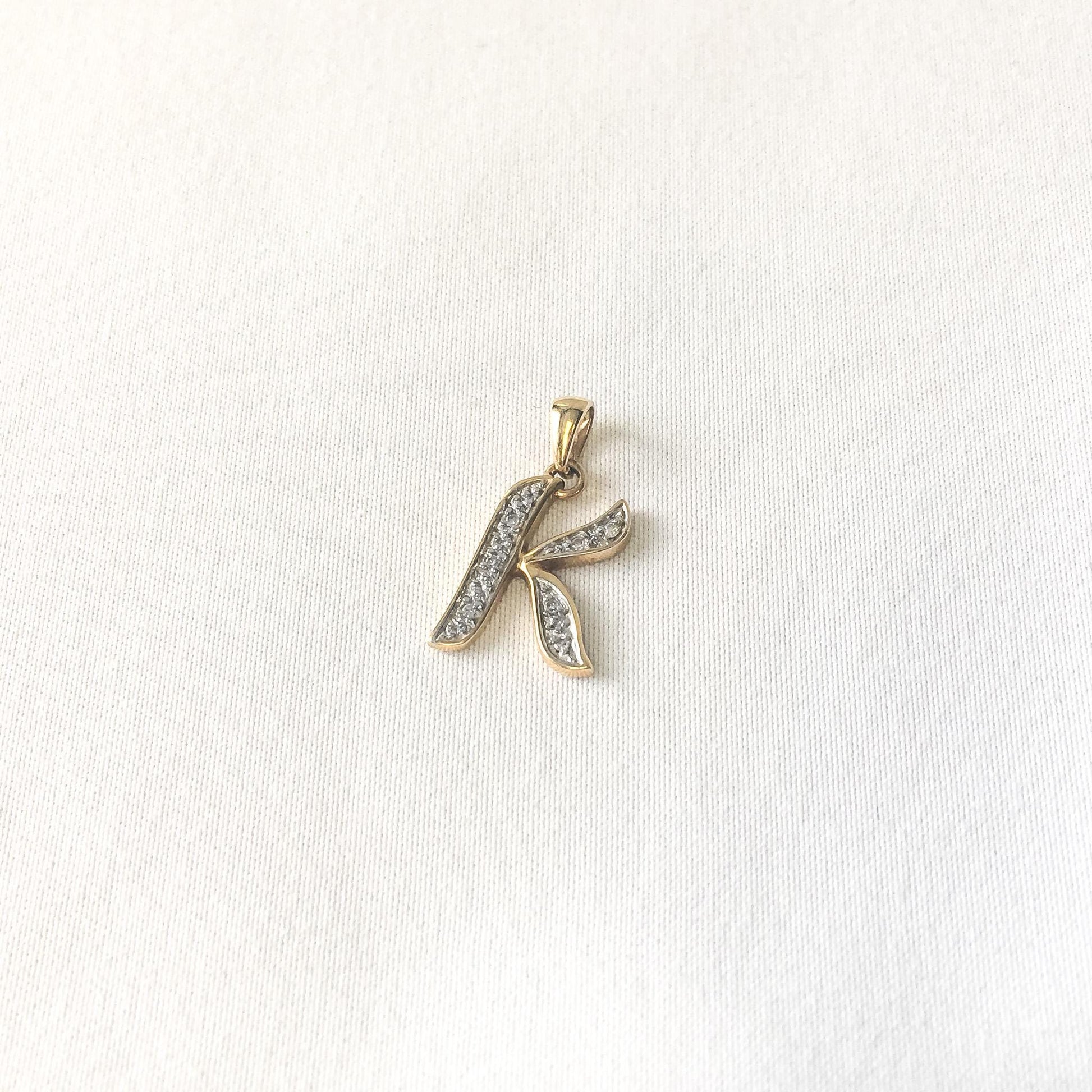 14K Yellow Gold White Sapphire 'K' Initial Monogram Pendant, .75", Simple Dainty Elegant Initial Pendant