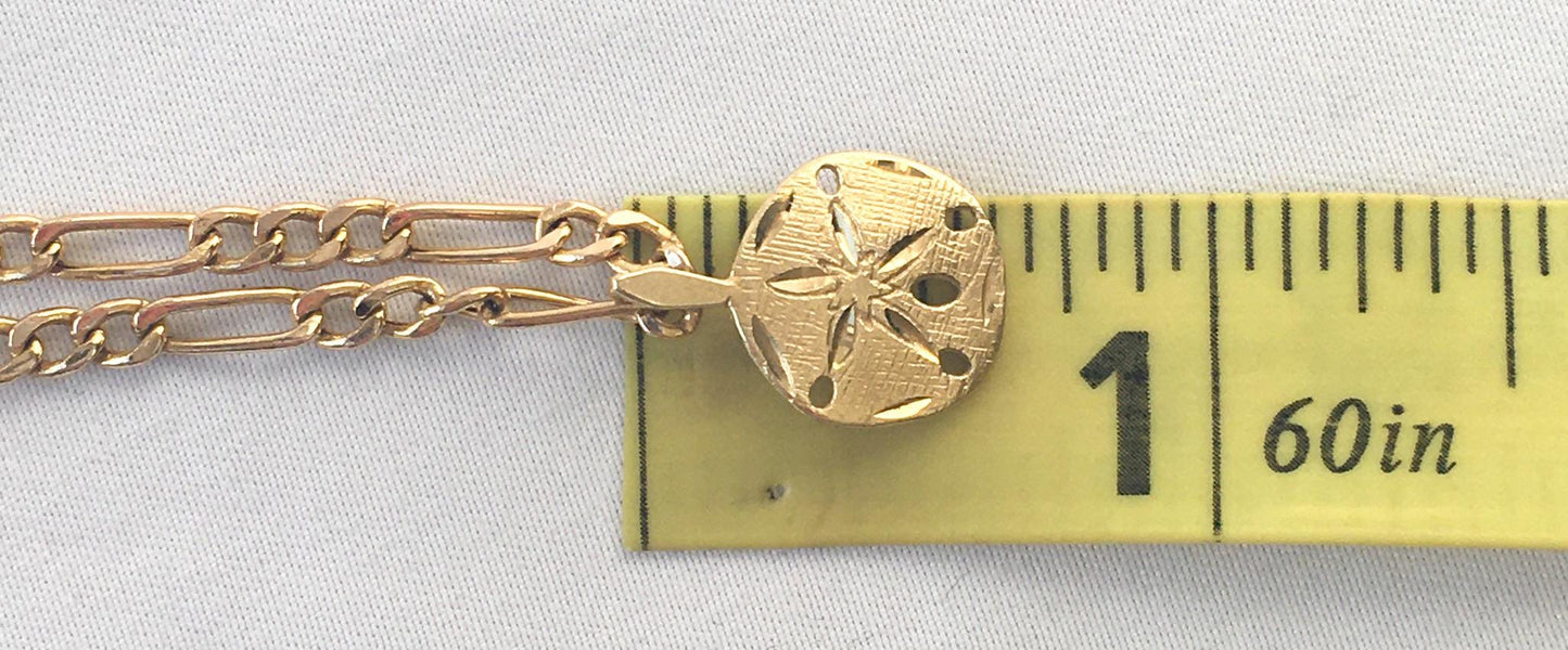 Vintage 14K Sand Dollar Pendant Necklace on 14K Italy Figaro Chain, 18", Beachy Boho Coastal Nautical Jewelry