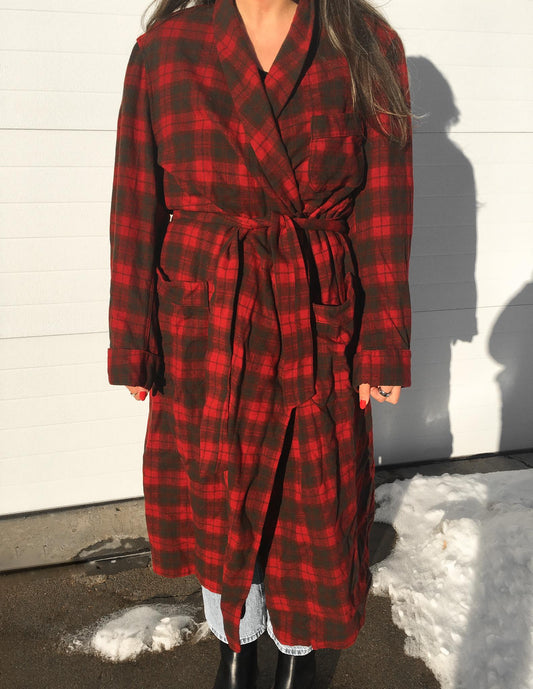 Vintage 60s Pendleton Red Plaid Pure Wool Bathrobe/Long Lightweight Unisex Overcoat, Vintage Men's Large