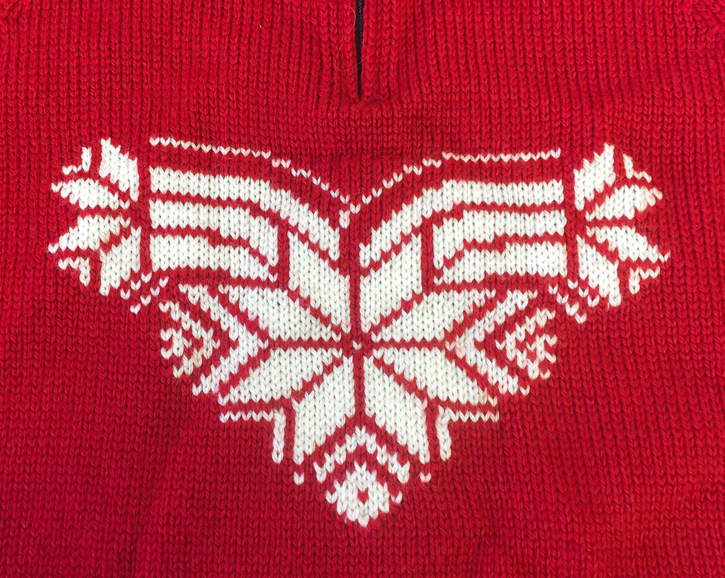 Dale of Norway Red Fair Isle Snowflake Heart Wool Nordic Mock Neck Quarter Zip Sweater, Women's Sz. XS/S