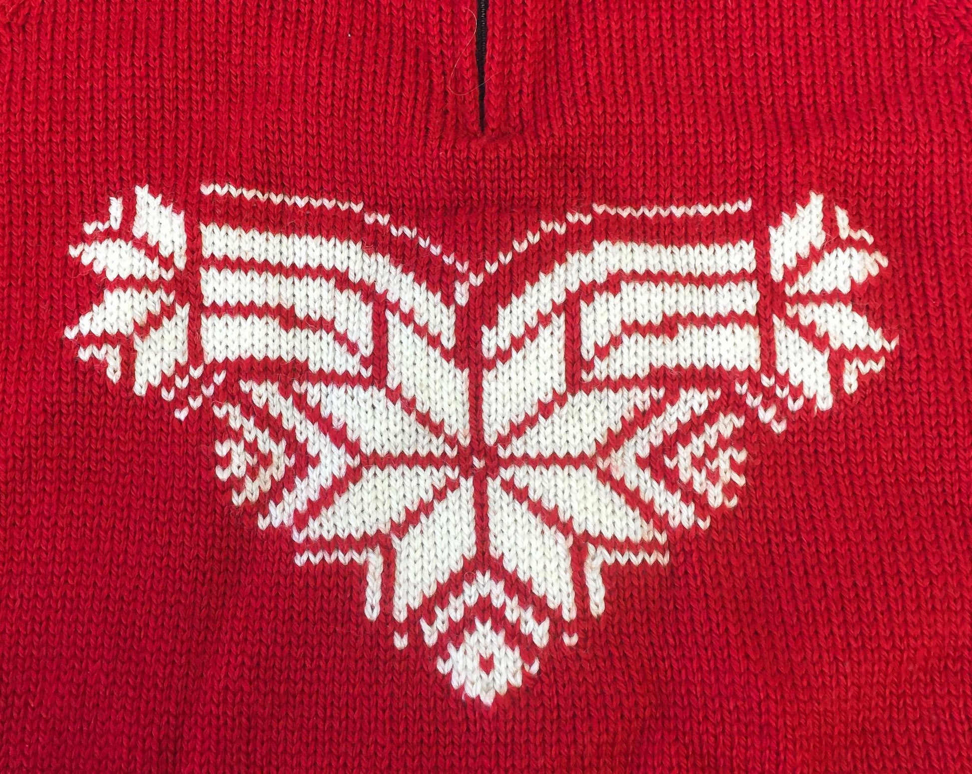 Dale of Norway Red Fair Isle Snowflake Heart Wool Nordic Mock Neck Quarter Zip Sweater, Women's Sz. XS/S
