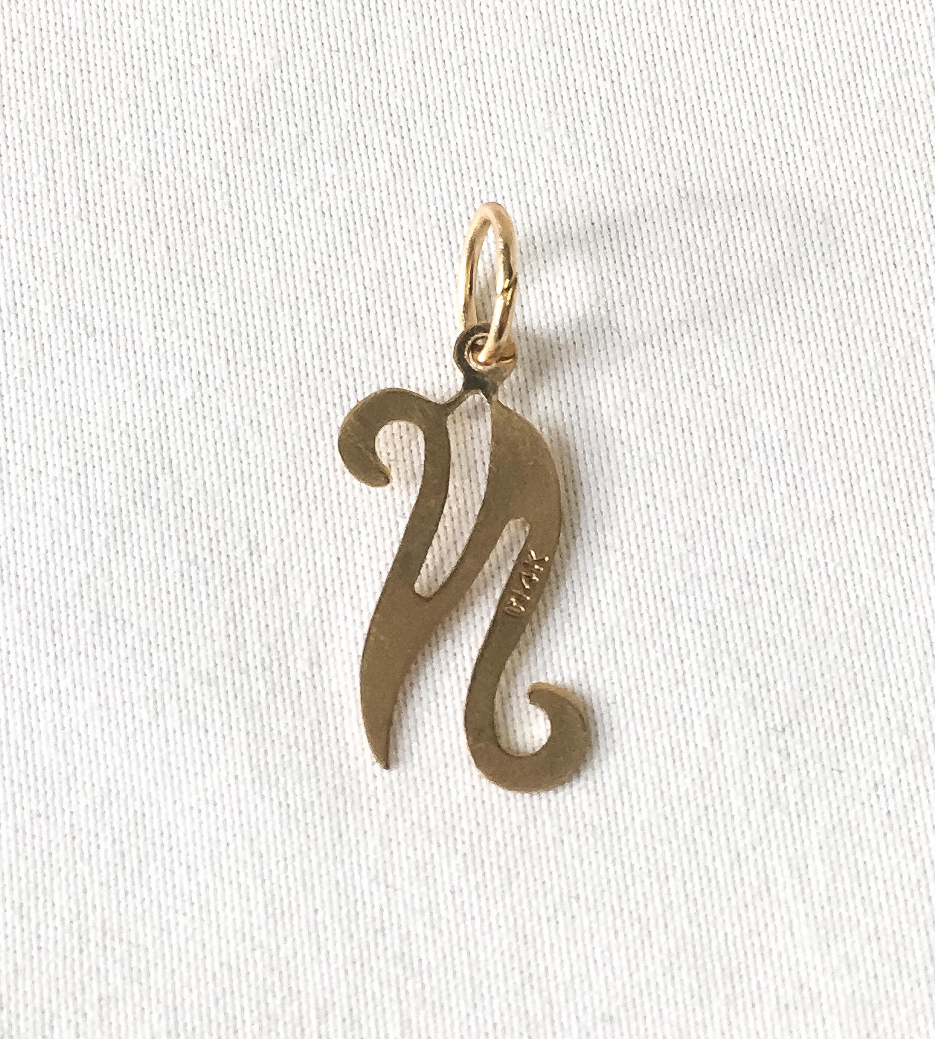 Vintage 14K Yellow Gold Cursive 'N" Monogram Initial Pendant, Dainty Simple Minimalist Everyday Pendant
