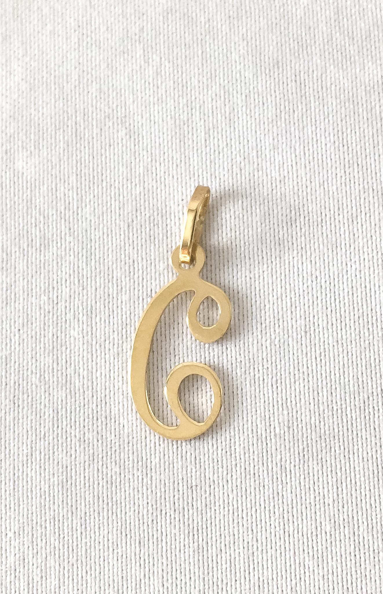 Vintage 14K Yellow Gold 'C' Cursive Initial Monogram Pendant, Simple Dainty Everyday Minimalist Pendant