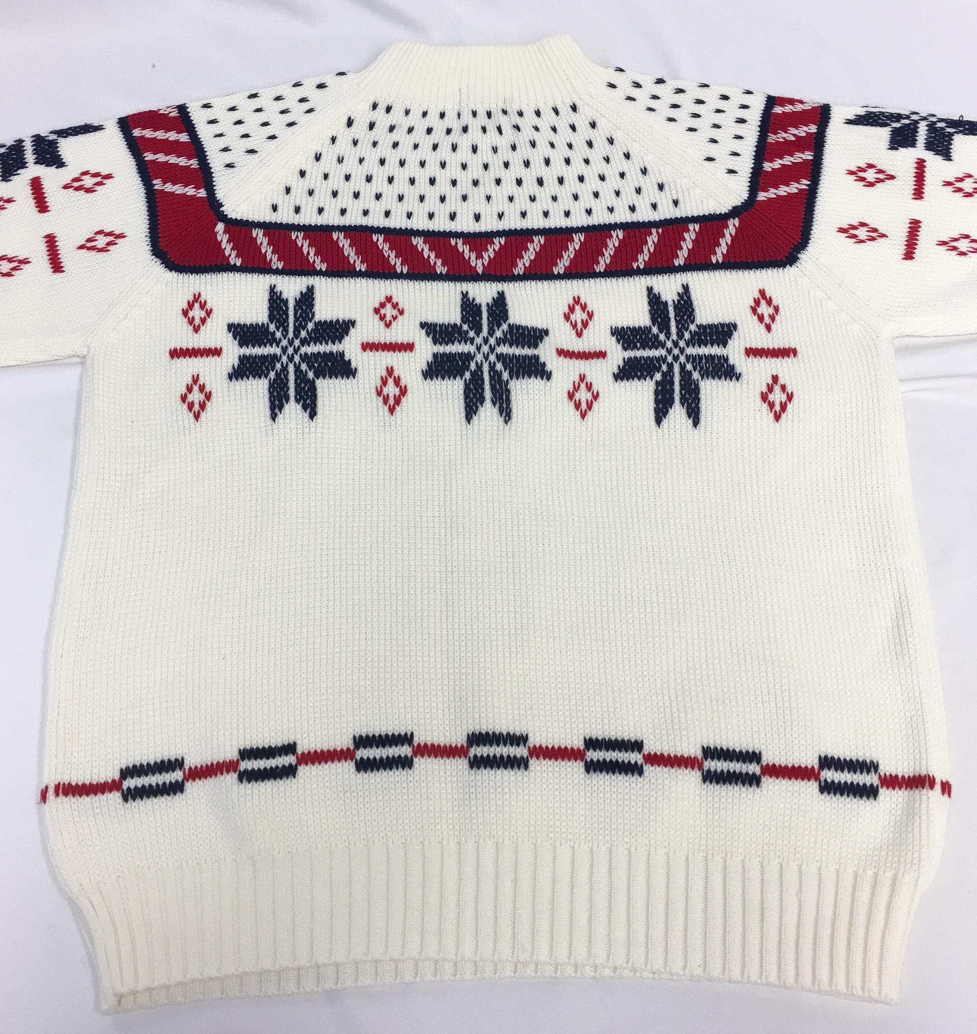 Vintage 90s JCPenney Cream/Red/Navy Snowflake Fair Isle Nordic Sweater, Men's Sz. L
