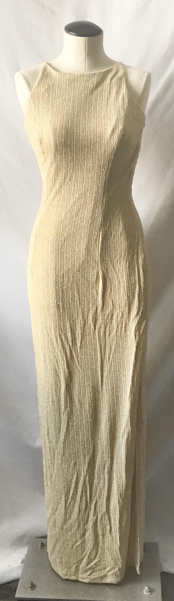 90s Dave and Johnny Beige Champagne Glitter Marilyn Monroe Style Open Back Bodycon Dress, Sz. 4, Art Deco Cocktail Style Evening Gown