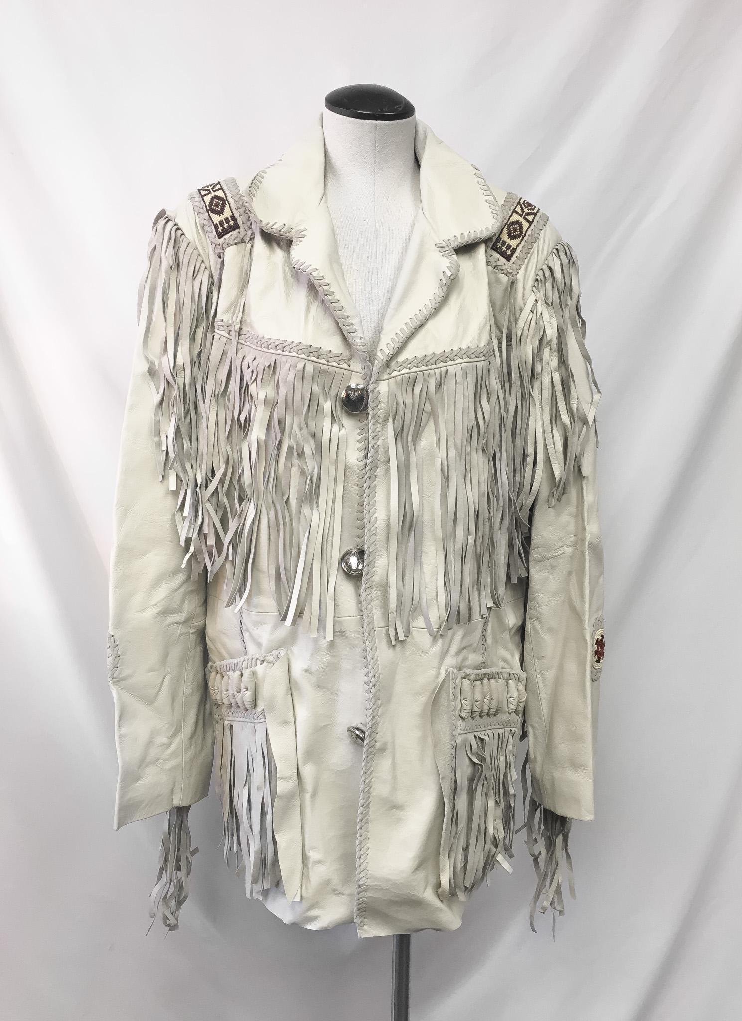 Vintage Scully Off-White Fringe Beaded Leather Jacket, Men's Sz. 44, Unique Statement Western Jacket