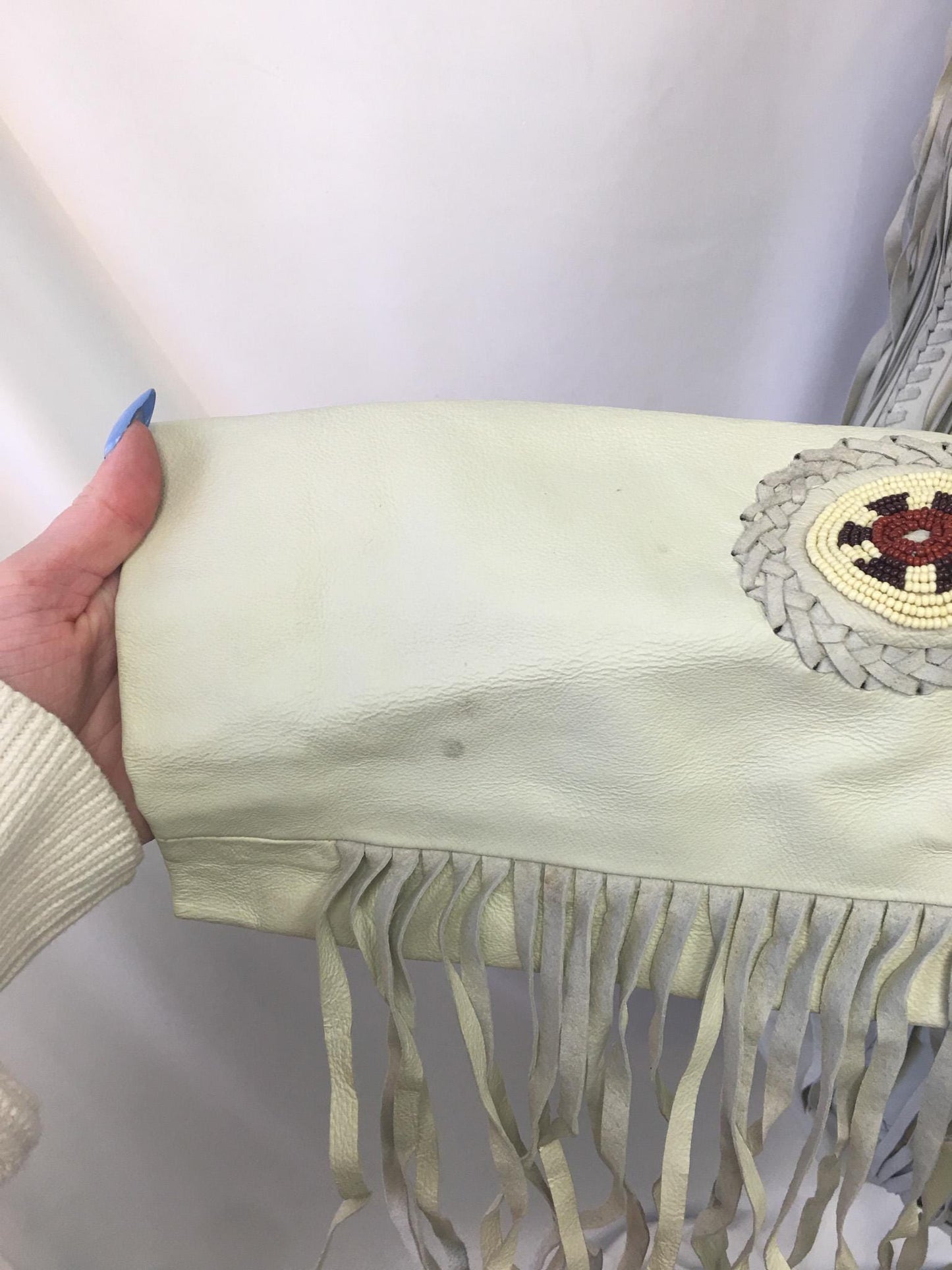 Vintage Scully Off-White Fringe Beaded Leather Jacket, Men's Sz. 44, Unique Statement Western Jacket