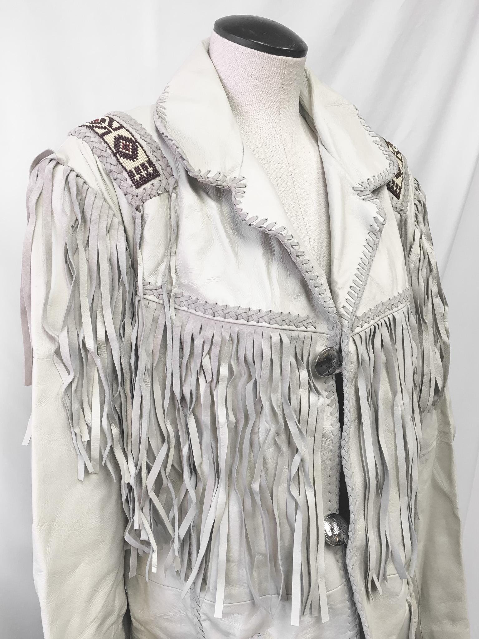 Vintage Scully Off-White Fringe Beaded Leather Jacket, Men's Sz. 44, Unique Statement Western Jacket