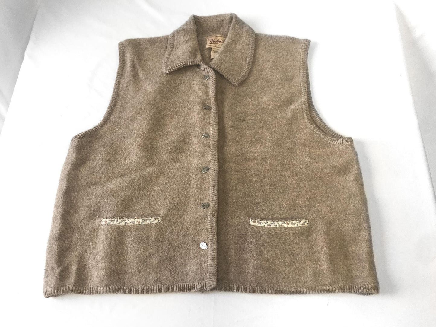 Vintage Woolrich Beige Pure Wool Sweater Vest with Leaf Details, Women's Sz. L/XL