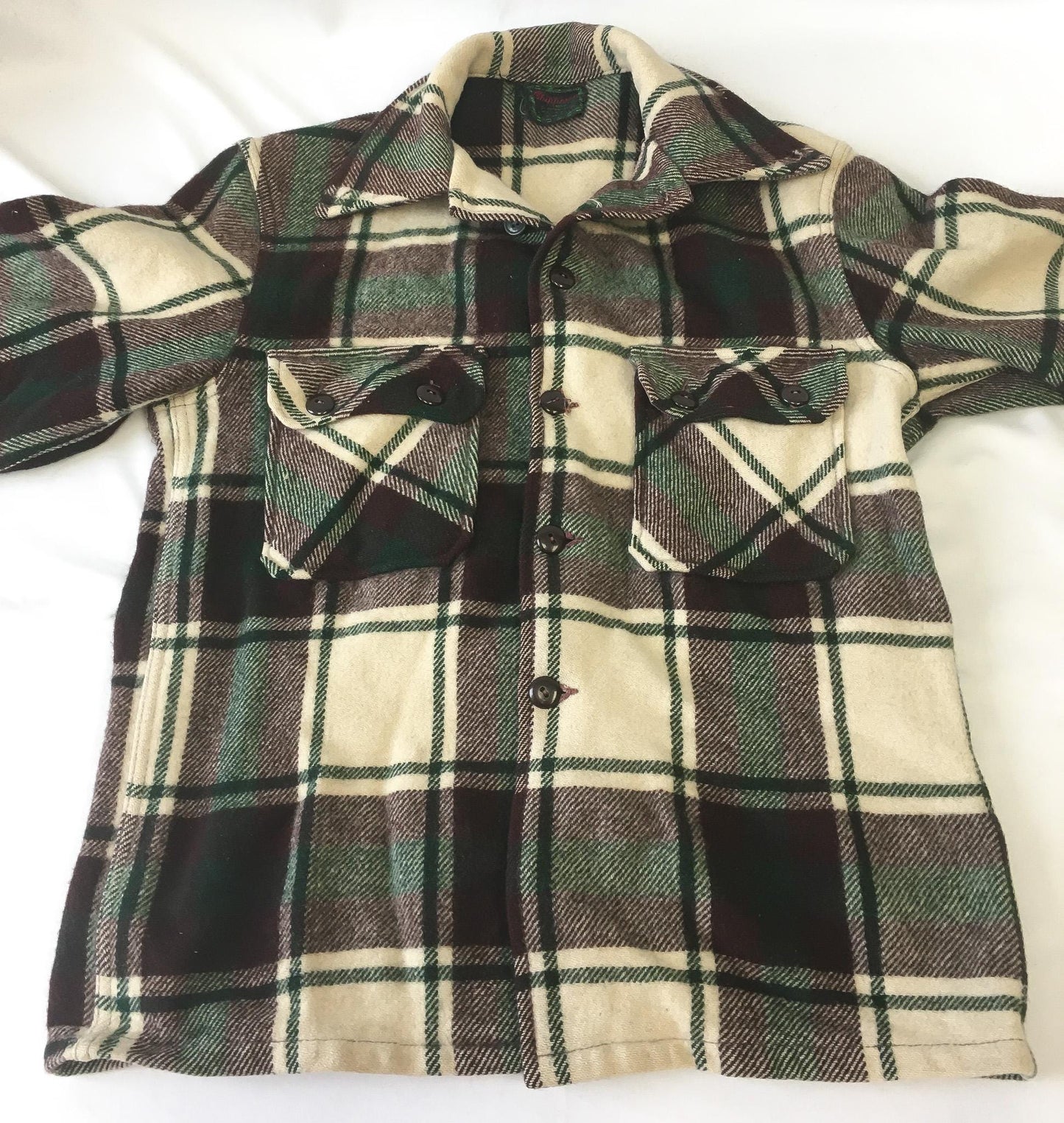 Vintage 50s Chippewa Falls Cream Brown Green Plaid Wool Shacket Coat, Approx. Men's M