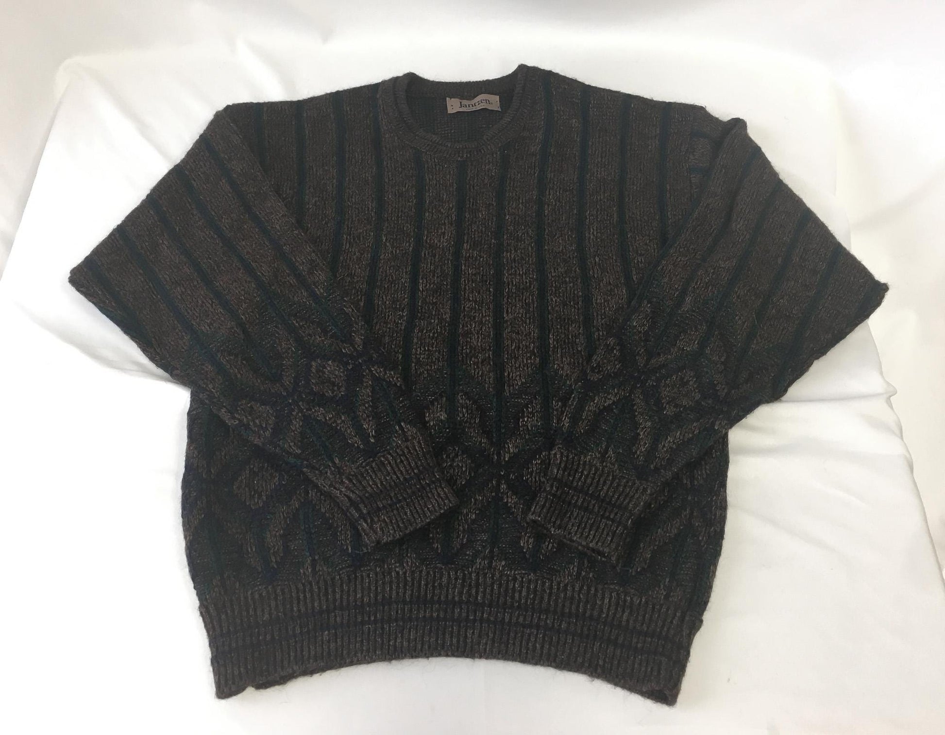 Vintage Jantzen Brown Striped Abstract Geometric Print Crewneck Sweater, Sz. M, Vintage Grandpa Sweater