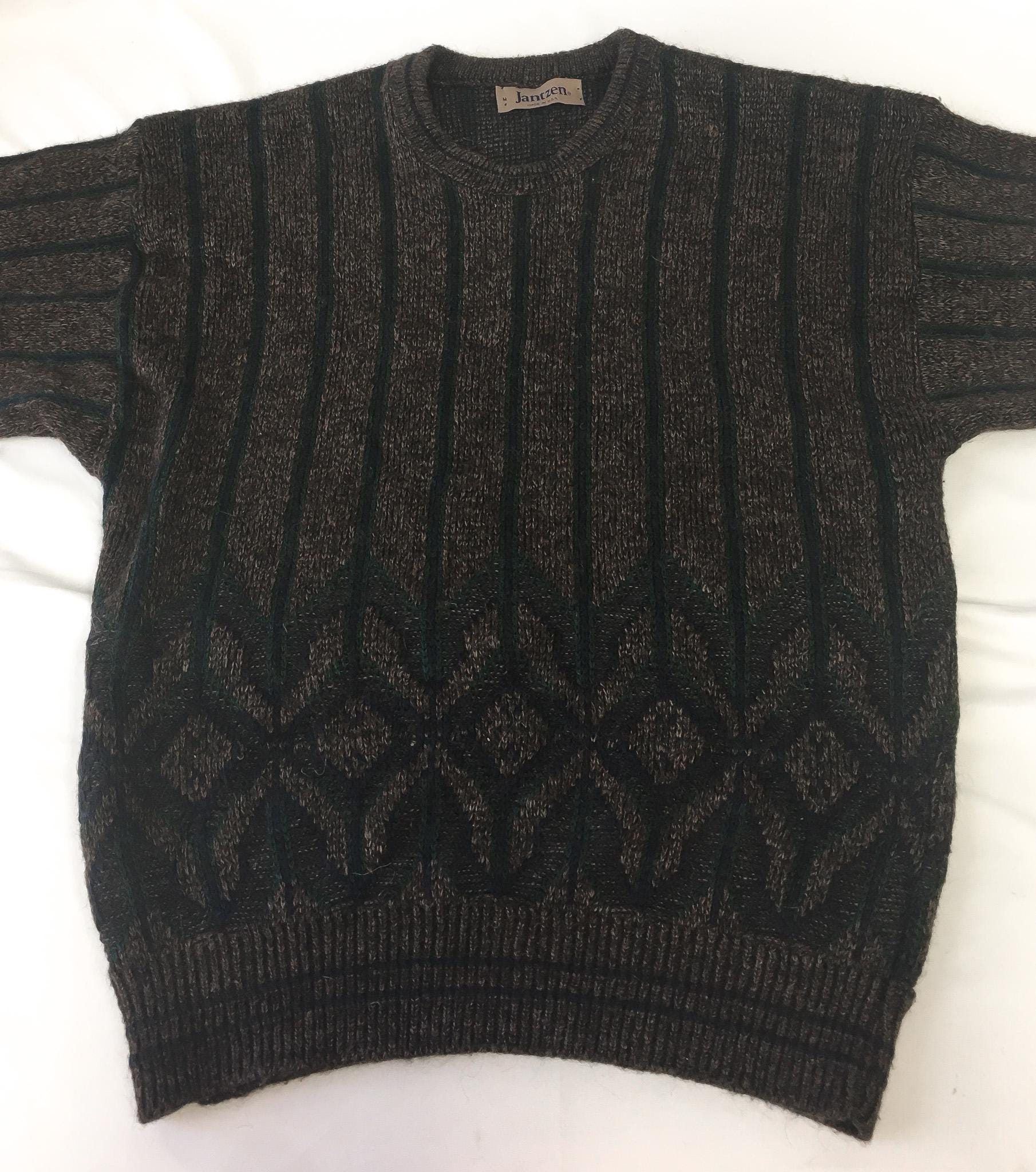 Vintage Jantzen Brown Striped Abstract Geometric Print Crewneck Sweater, Sz. M, Vintage Grandpa Sweater
