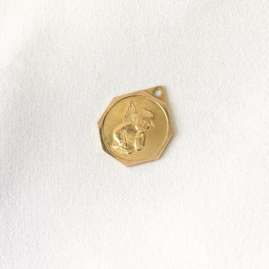 Vintage 18K 750 Yellow Gold Cherub Angel Teardrop Shaped Pendant, Dainty Simple Everyday Pendant