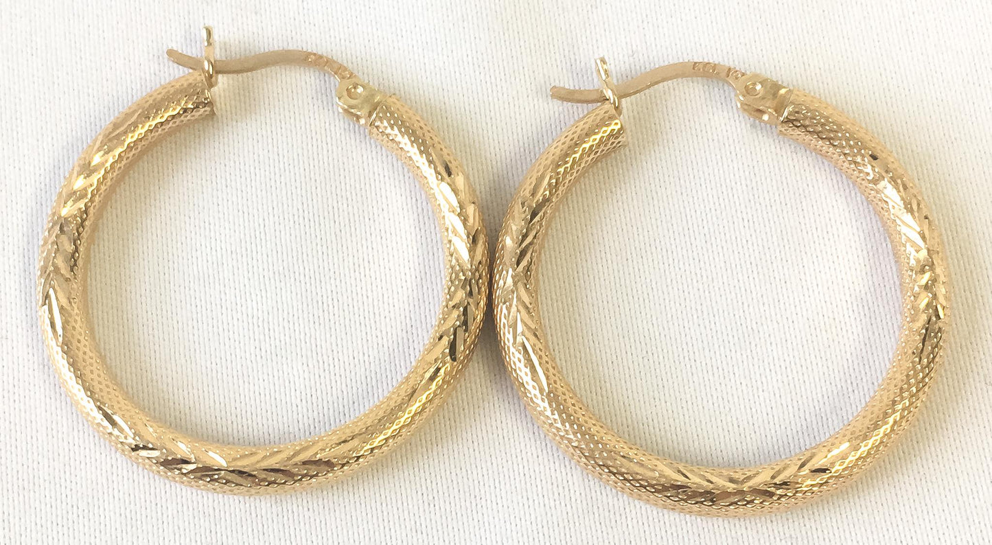 Vintage 14K Yellow Gold Textured Etched Tube Hoop Earrings, Lightweight Simple Elegant Minimalist Hoop Earrings