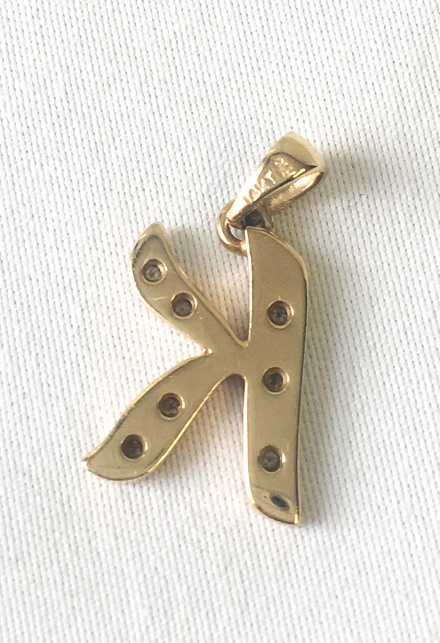 14K Yellow Gold White Sapphire 'K' Initial Monogram Pendant, .75", Simple Dainty Elegant Initial Pendant