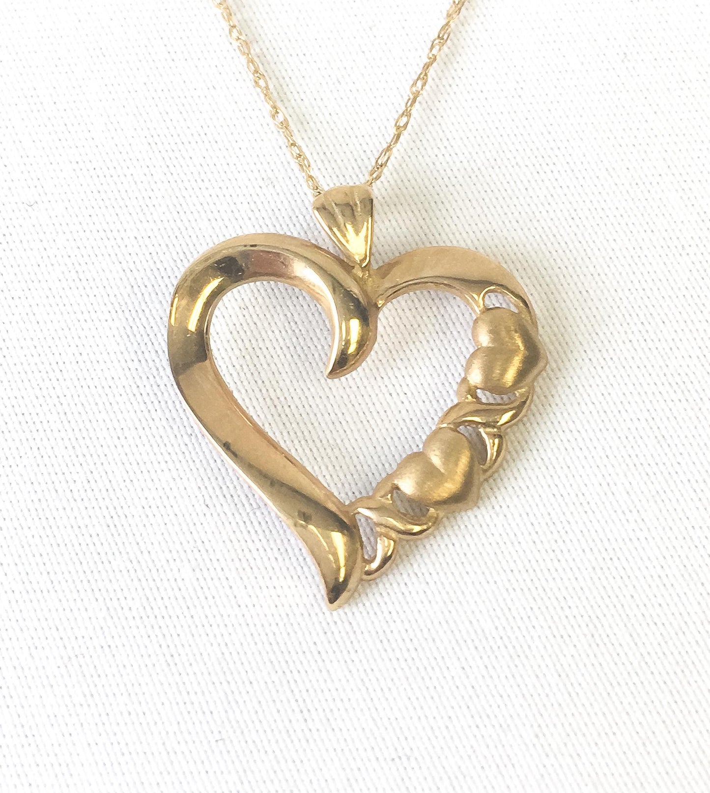 Vintage 10K Yellow Gold Open Faced Heart with Puffy Heart Detail 16" Necklace, Simple Elegant Heart Necklace