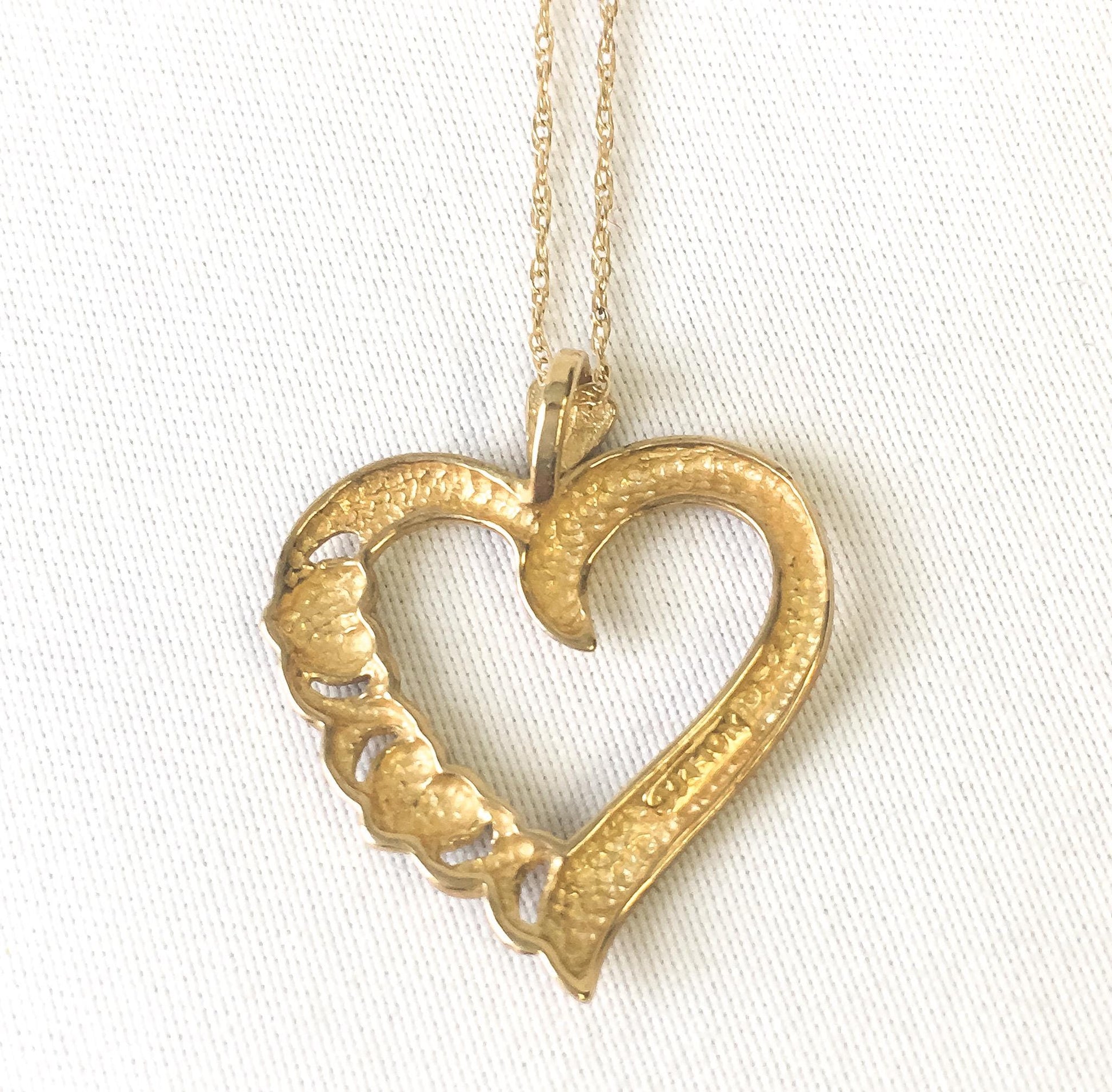 Vintage 10K Yellow Gold Open Faced Heart with Puffy Heart Detail 16" Necklace, Simple Elegant Heart Necklace
