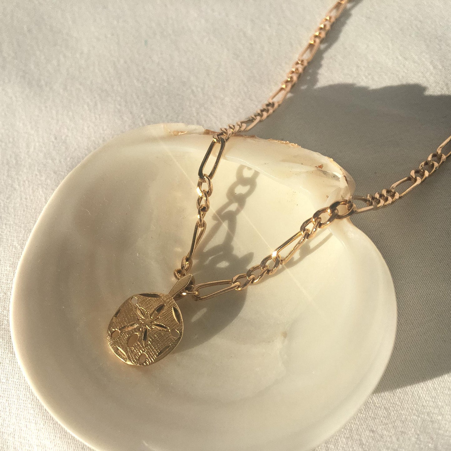 Vintage 14K Sand Dollar Pendant Necklace on 14K Italy Figaro Chain, 18", Beachy Boho Coastal Nautical Jewelry