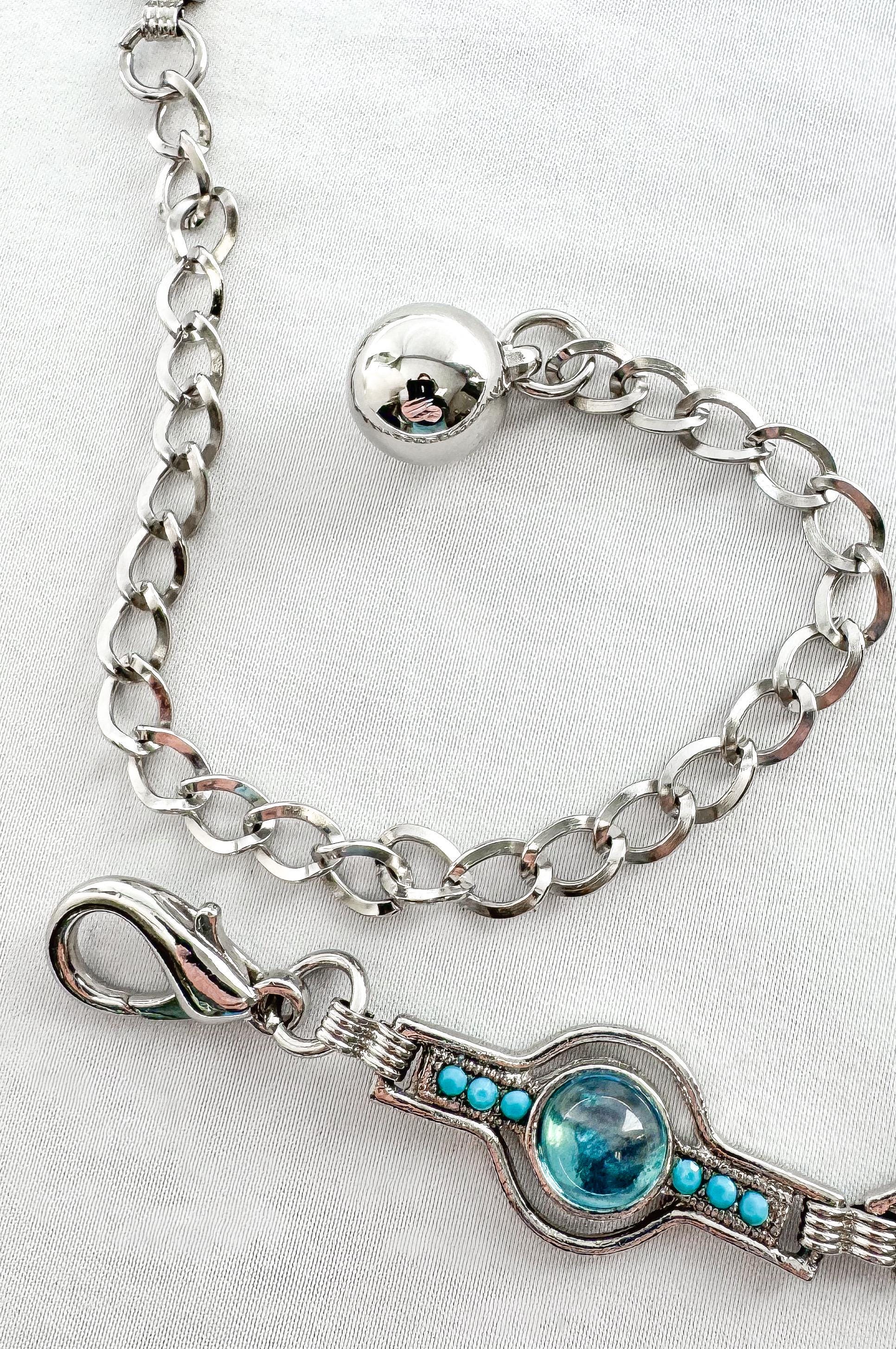 Vintage Silver Blue Stone Faux Turquoise Circular Adjustable Chain Link Belt, 33" - 40" Waist, Unique Statement Retro Style Belt