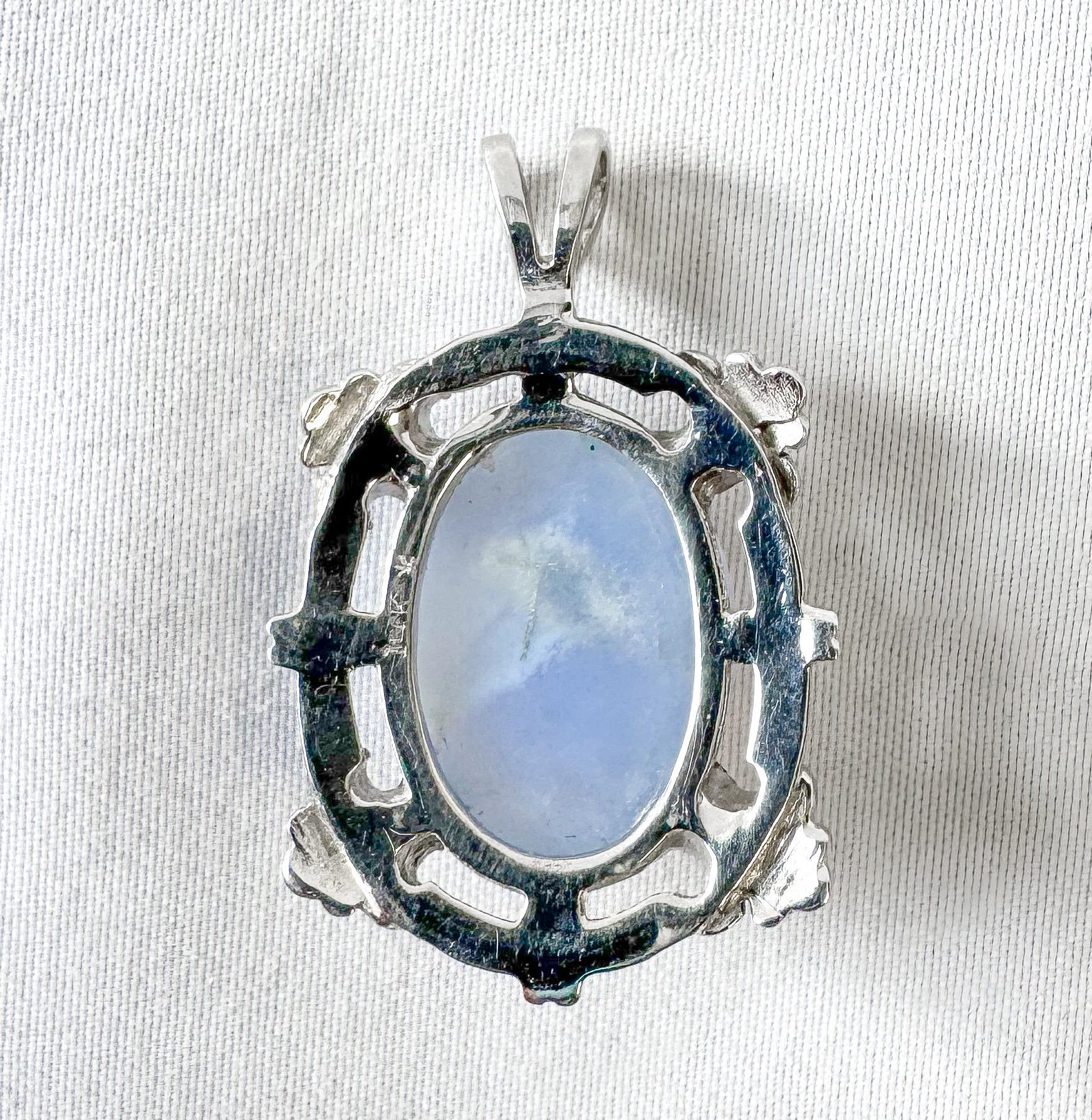 Vintage 14K White Gold Ellensburg Blue Agate Oval Pendant, Vintage Rare Boho Style Pendant
