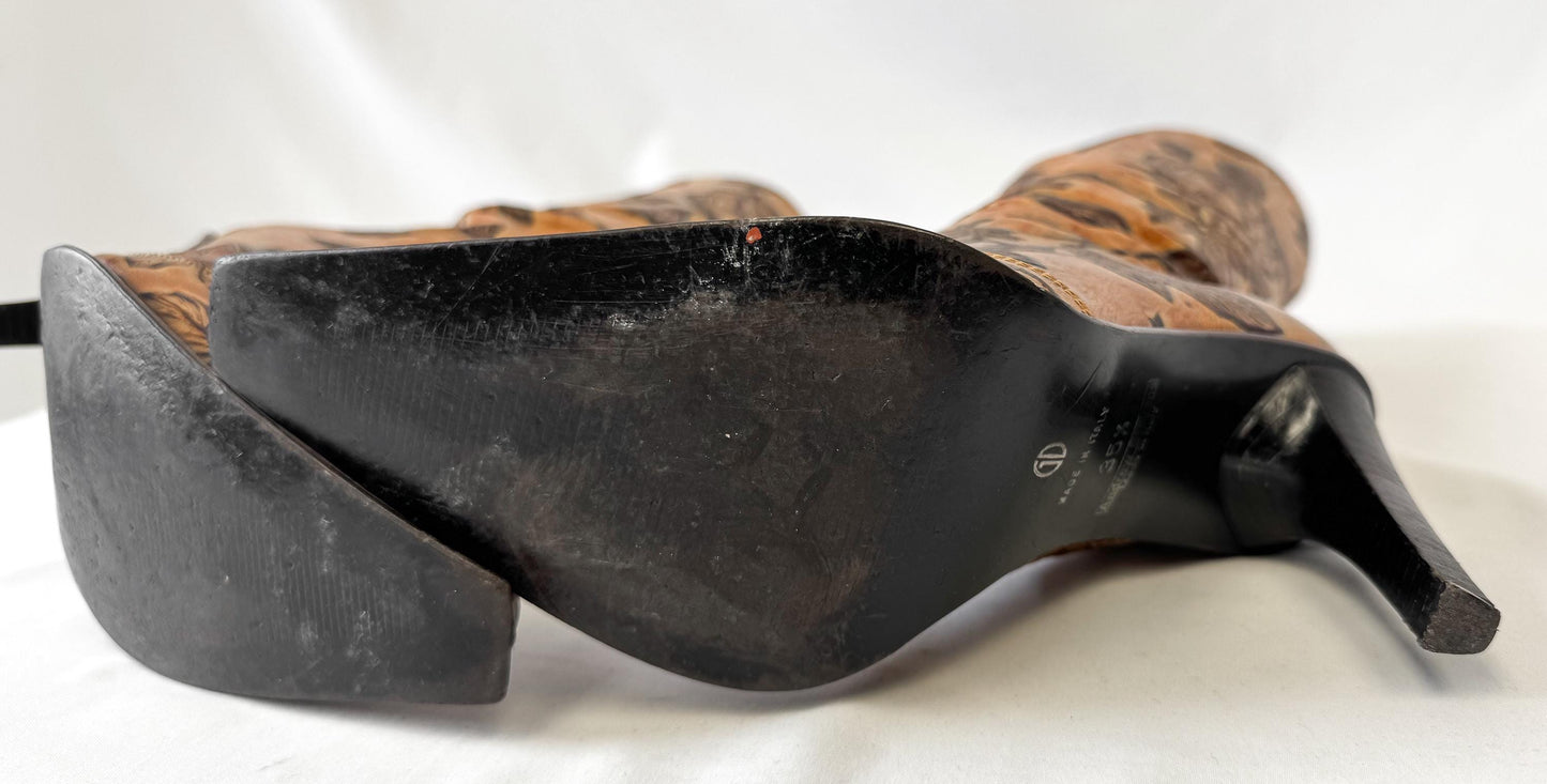 Vintage Andrew Stevens Tooled Leather Floral Stiletto Heeled Boots, Approx. Women's Sz. 6, Vintage Western Boho Style Boots