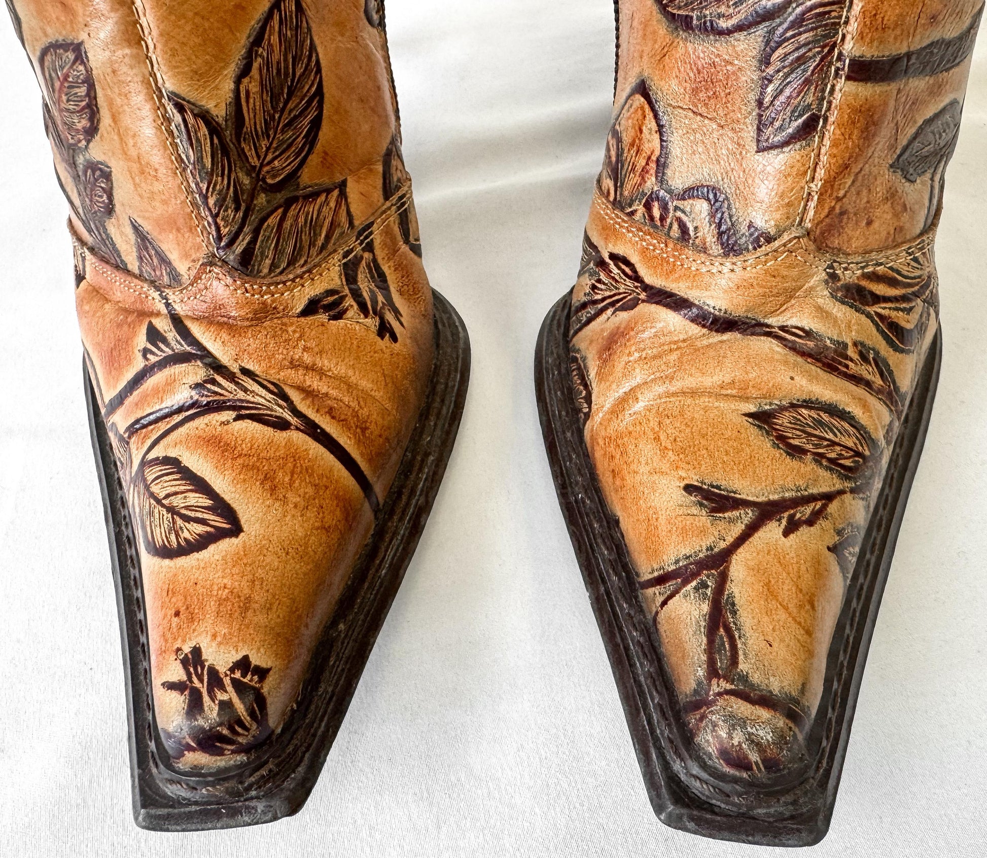 Vintage Andrew Stevens Tooled Leather Floral Stiletto Heeled Boots, Approx. Women's Sz. 6, Vintage Western Boho Style Boots