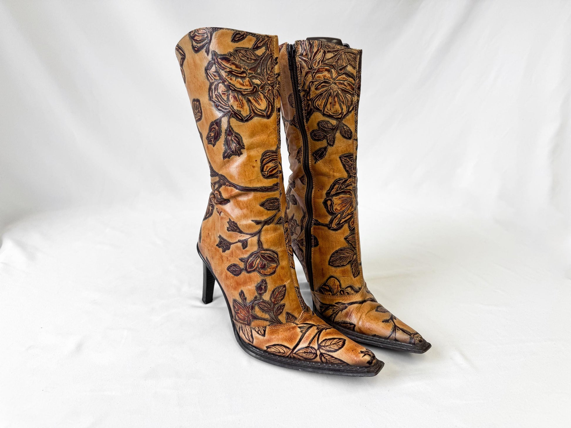 Vintage Andrew Stevens Tooled Leather Floral Stiletto Heeled Boots, Approx. Women's Sz. 6, Vintage Western Boho Style Boots