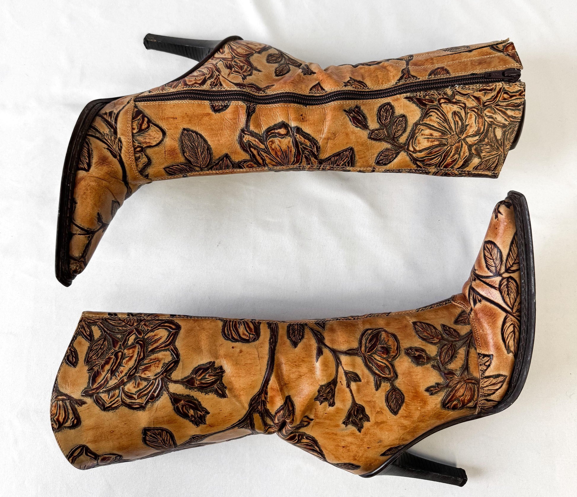 Vintage Andrew Stevens Tooled Leather Floral Stiletto Heeled Boots, Approx. Women's Sz. 6, Vintage Western Boho Style Boots